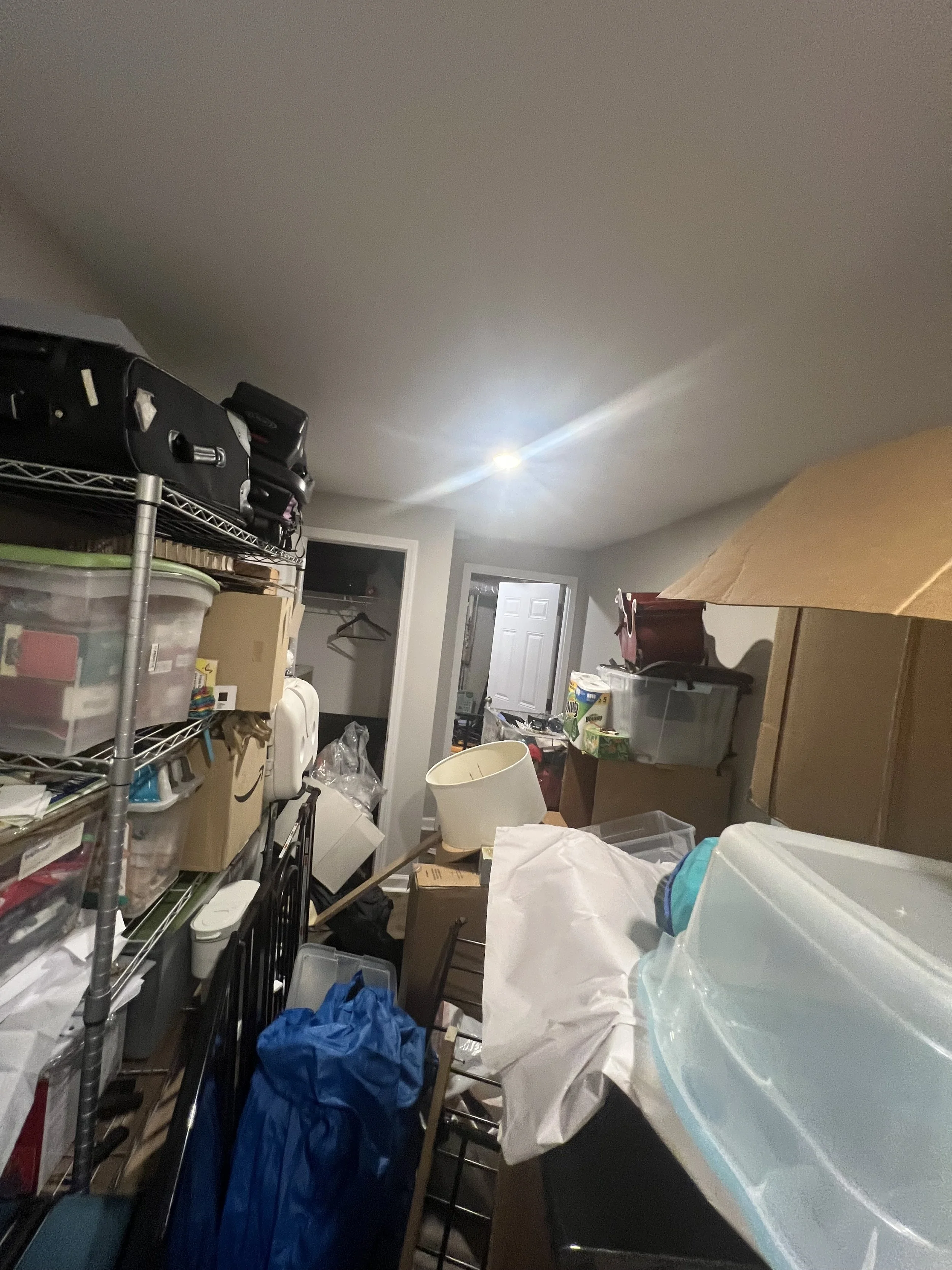 A cluttered storage or utility room with shelves filled with boxes, bags, and various household items. There is a small doorway and a closet visible in the background.