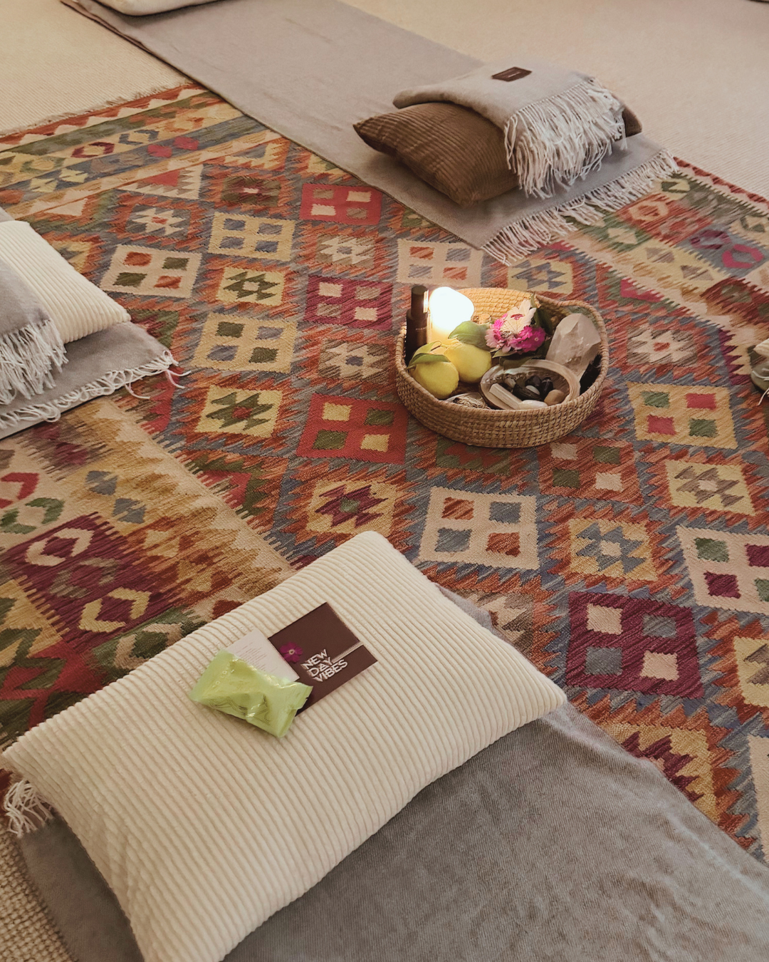 Breathwork and meditation space prepared for a New Day Vibes group session in Melbourne