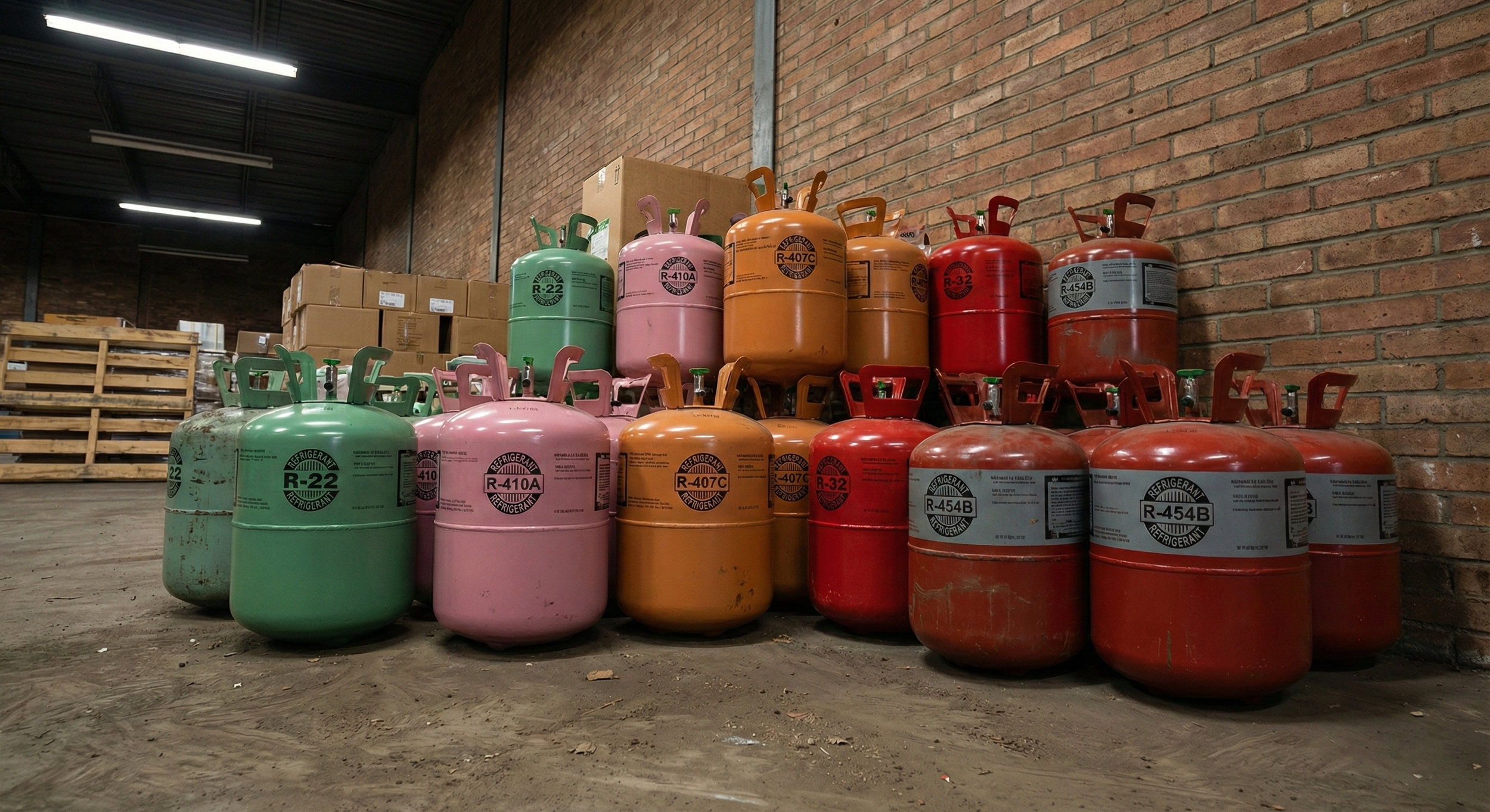 Stack of colorful refrigerant gas cylinders arranged inside a warehouse with brick walls and wooden pallets in the background.