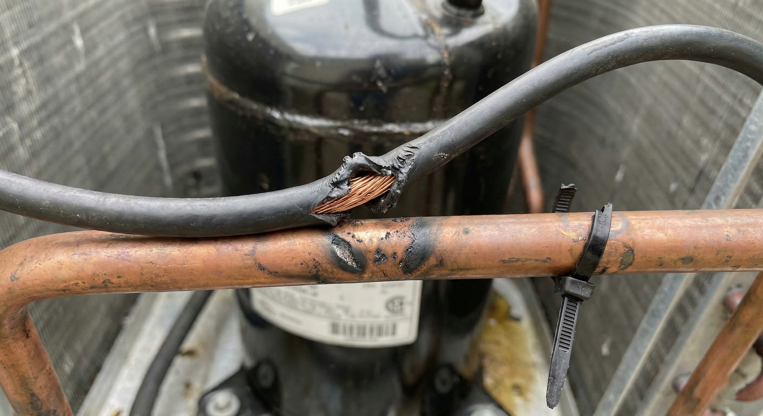 Close-up of an HVAC wiring issue showing exposed copper from a vibration rub-out, a common find during an HVAC troubleshoot for intermittent electrical failures