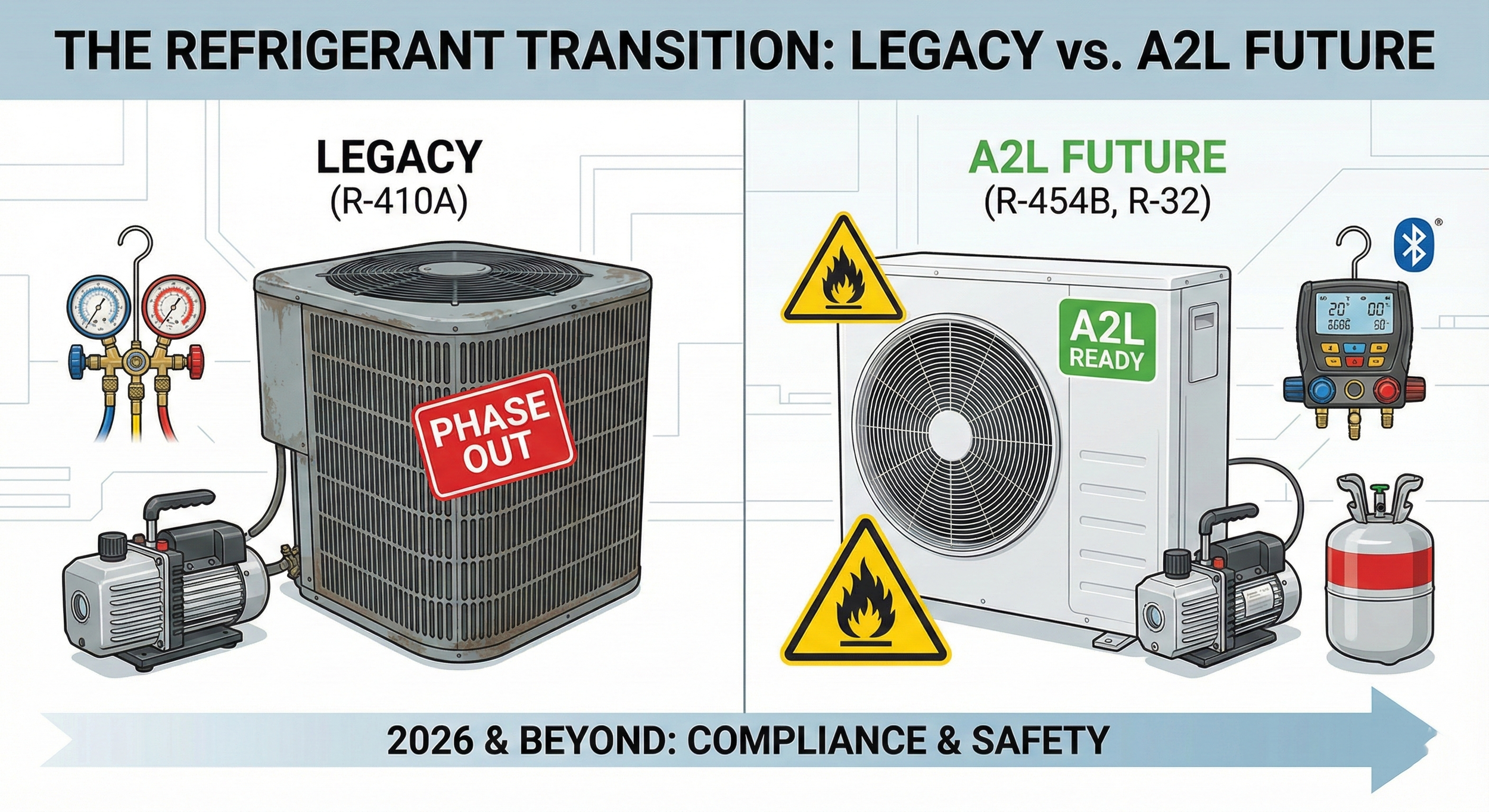 Infographic comparing the R-410A phase out vs. the new A2L refrigerant future, highlighting 2026 compliance tools for R-32 and R-454B