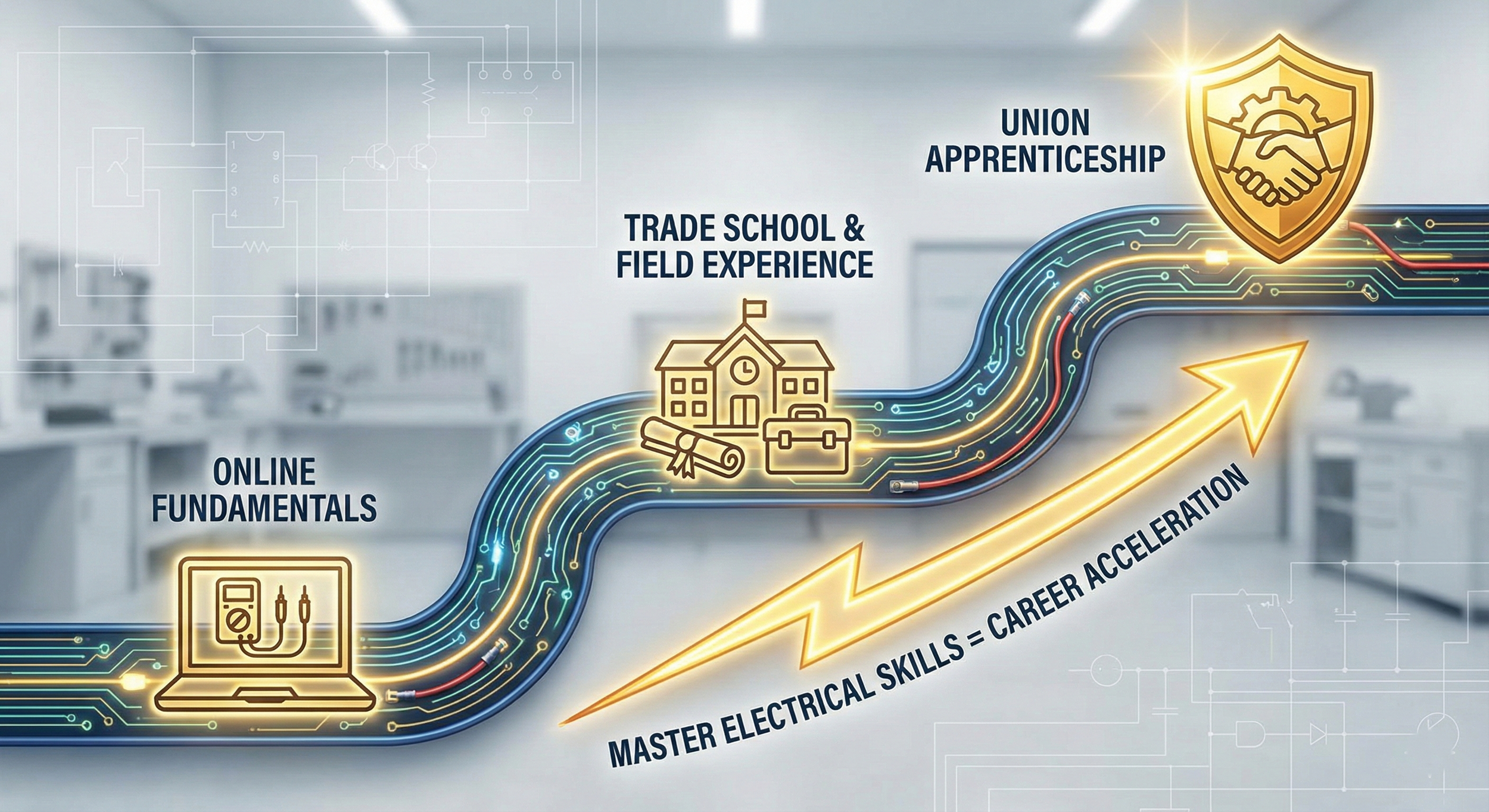 HVAC career path roadmap showing the progression from online HVAC electrical training to a Union Apprenticeship