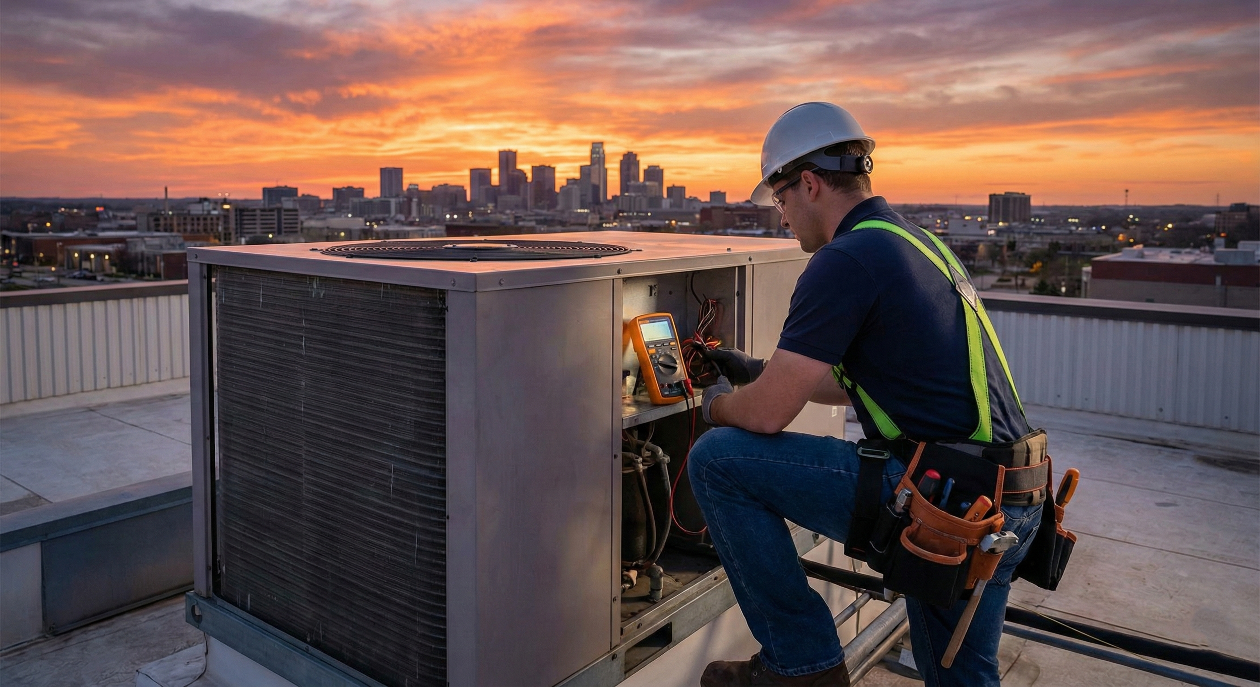 "Professional technician performing HVAC electrical troubleshooting on a commercial rooftop unit using the hopscotching technique to isolate circuit faults
