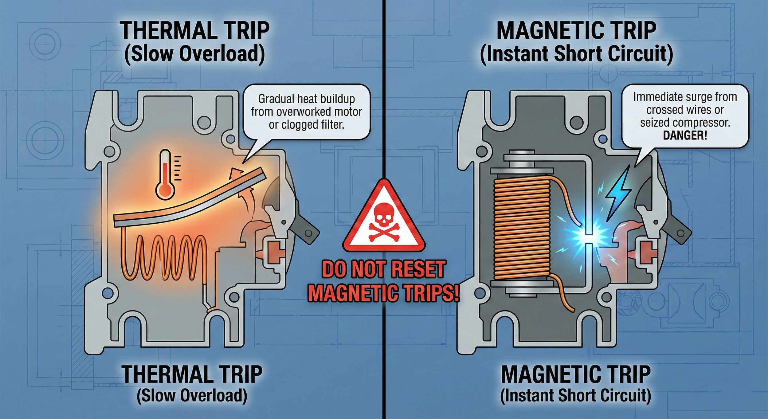 Diagram comparing the mechanics of a slow thermal overload trip versus an instant magnetic short circuit trip in an AC breaker