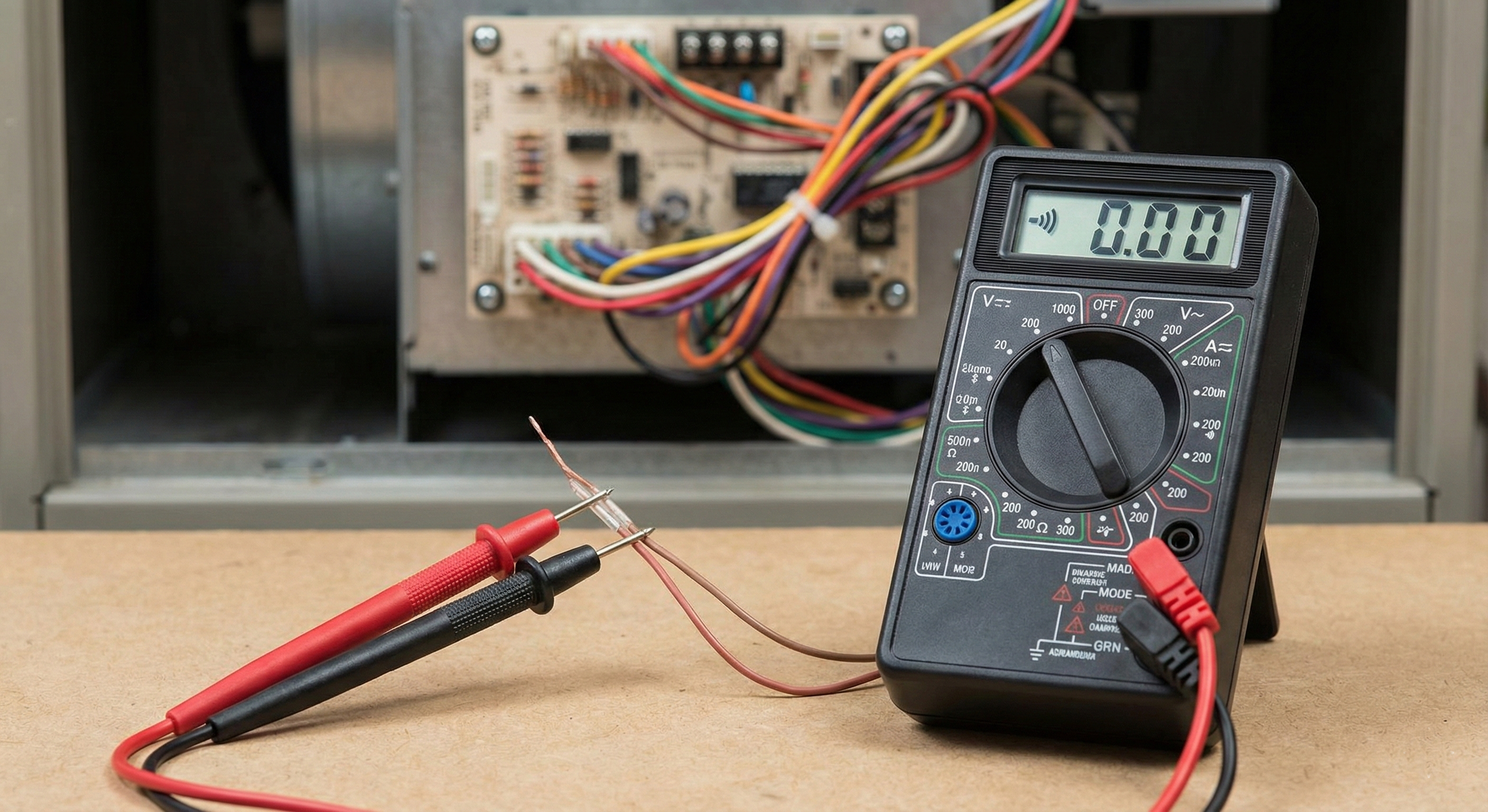 Multimeter displaying a dead short during HVAC wiring troubleshooting.
