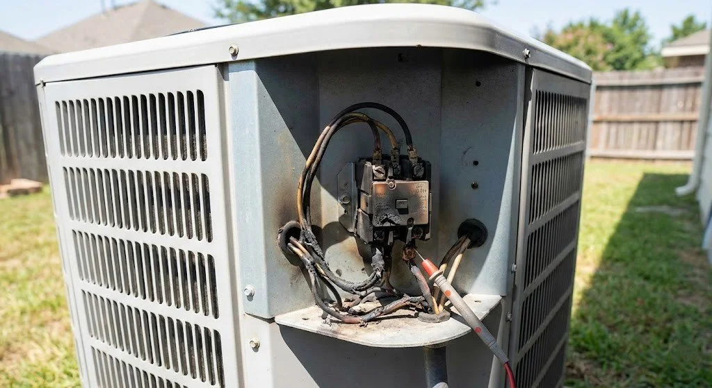 Burnt contactor terminals showing signs of faulty electrical wiring in a central air electrical system