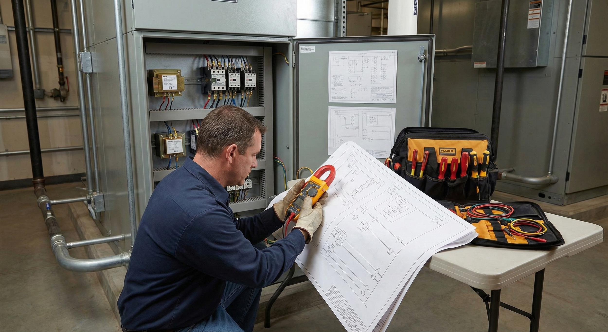 "Professional technician performing HVAC electrical troubleshooting on a commercial control panel, using a True RMS multimeter and referencing a ladder diagram schematic as part of a systematic HVAC troubleshooting guide diagnostic process