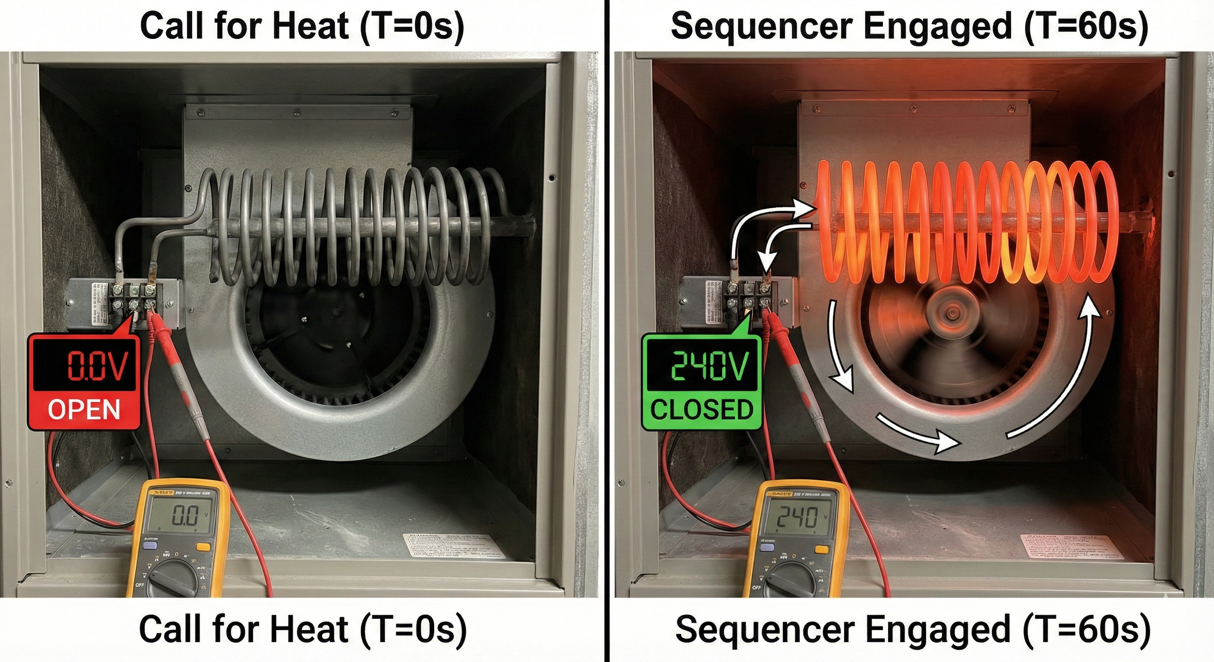 Before-and-after diagnostic diagram illustrating HVAC sequencer timing and voltage checks when troubleshooting electric heating elements.