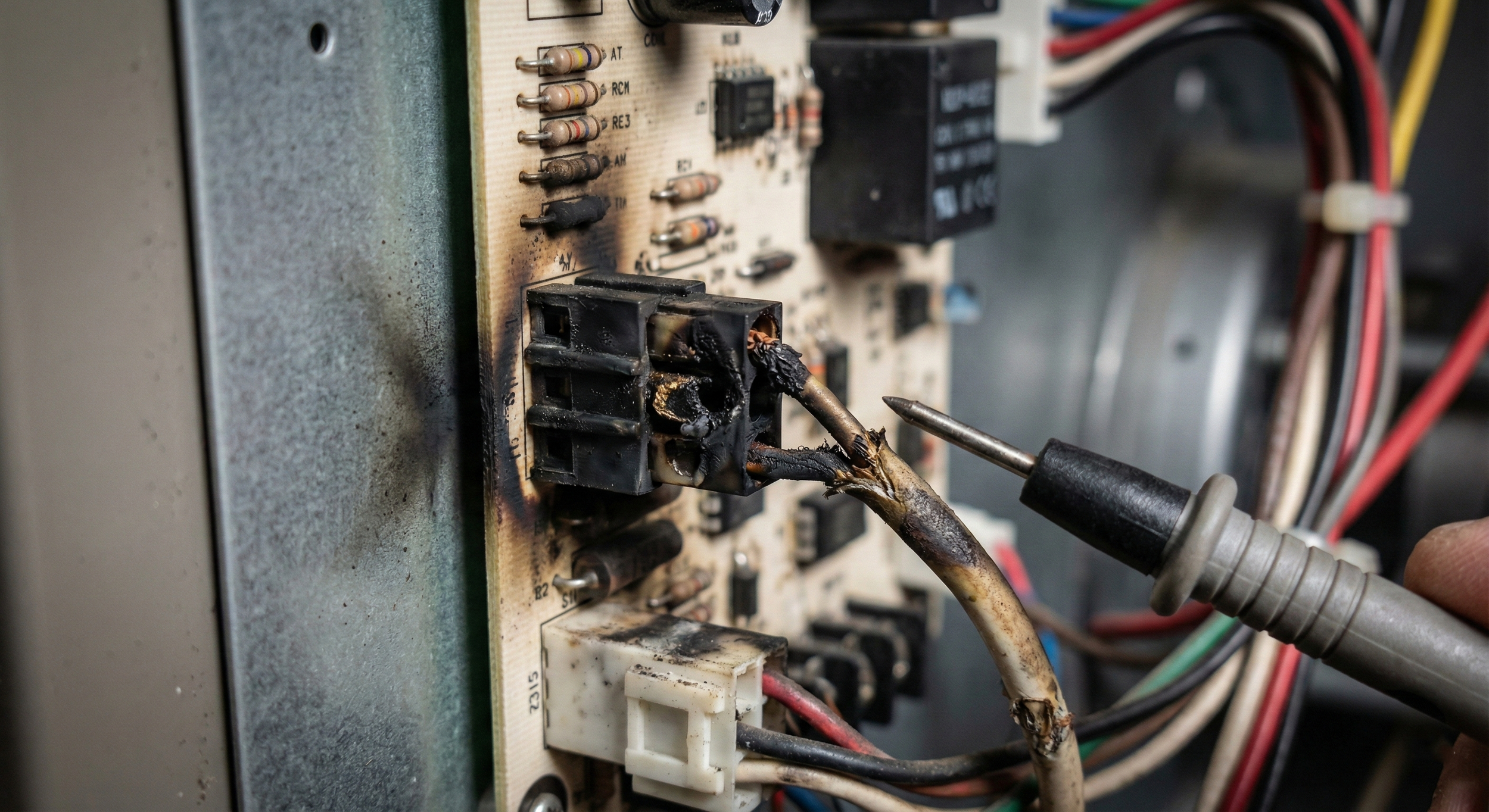Close-up of a burnt electrical connector and charred wiring on an HVAC control board being inspected with a multimeter probe