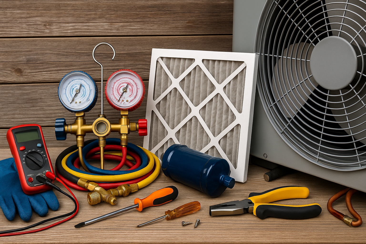 HVAC tools and equipment on a wooden surface, including gauges, hoses, a vent filter, a blue refrigerant tank, a multimeter, screwdrivers, pliers, screws, and an air conditioning unit.
