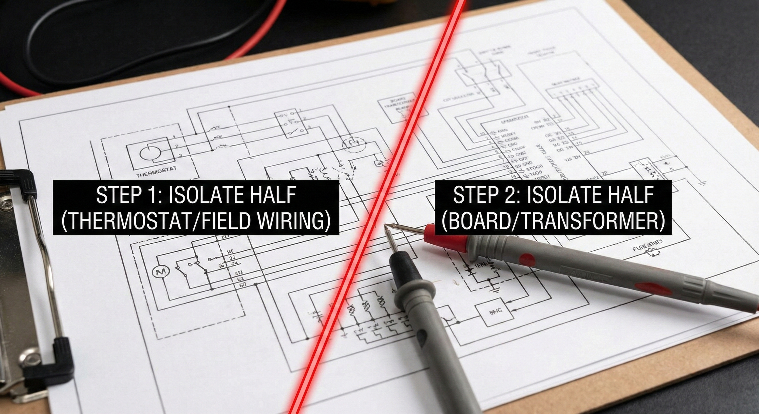 HVAC electrical troubleshooting schematic diagram demonstrating the divide and conquer method to isolate short circuits.