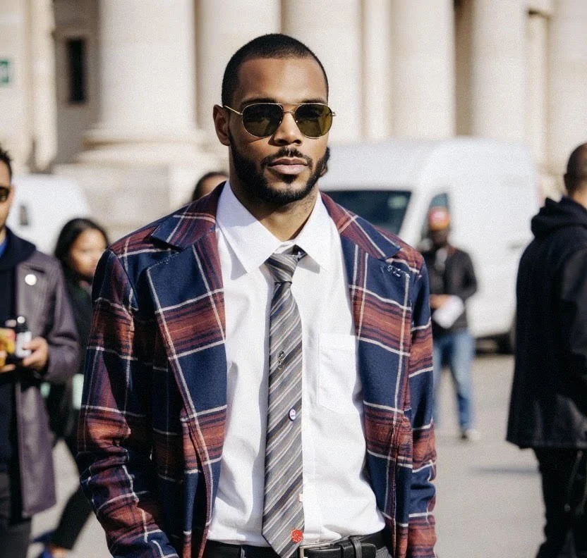 Man with short hair, beard, sunglasses, wearing a white shirt, striped tie, and a plaid jacket, walking outdoors in a city with several people and vehicles in the background.