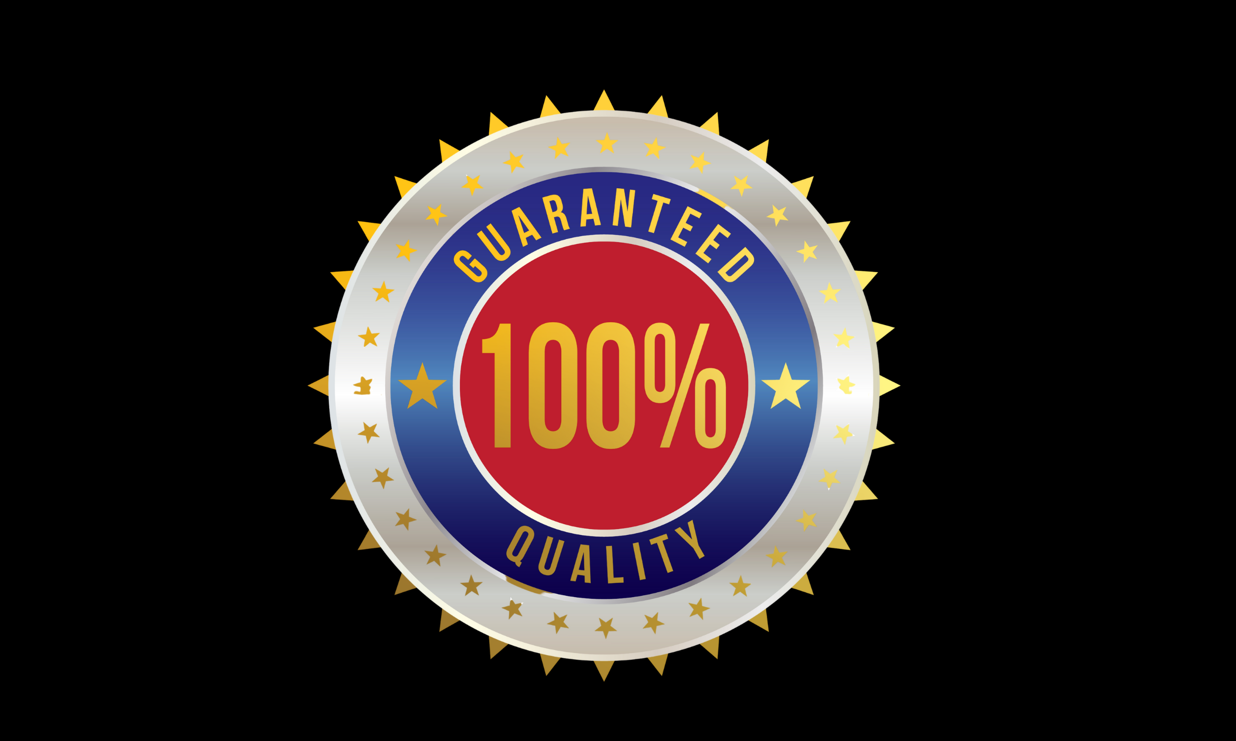 A badge with a silver outer starburst border, a blue inner ring, and a red circle at the center. The text reads 'GUARANTEED 100% QUALITY' with '100%' prominently displayed in gold in the center.