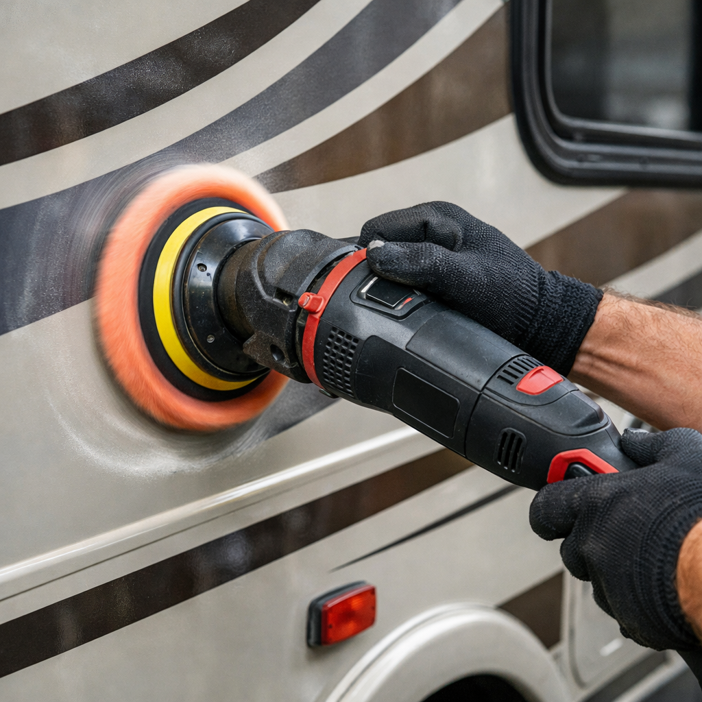 A person wearing black gloves using a cordless power buffer to polish the exterior of a vehicle, creating a swirl pattern on the paint.