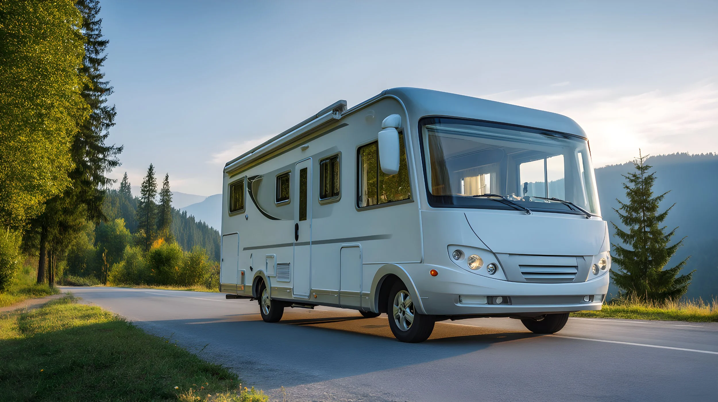 A white modern RV parked on a scenic mountain road surrounded by trees and mountains, during daytime.