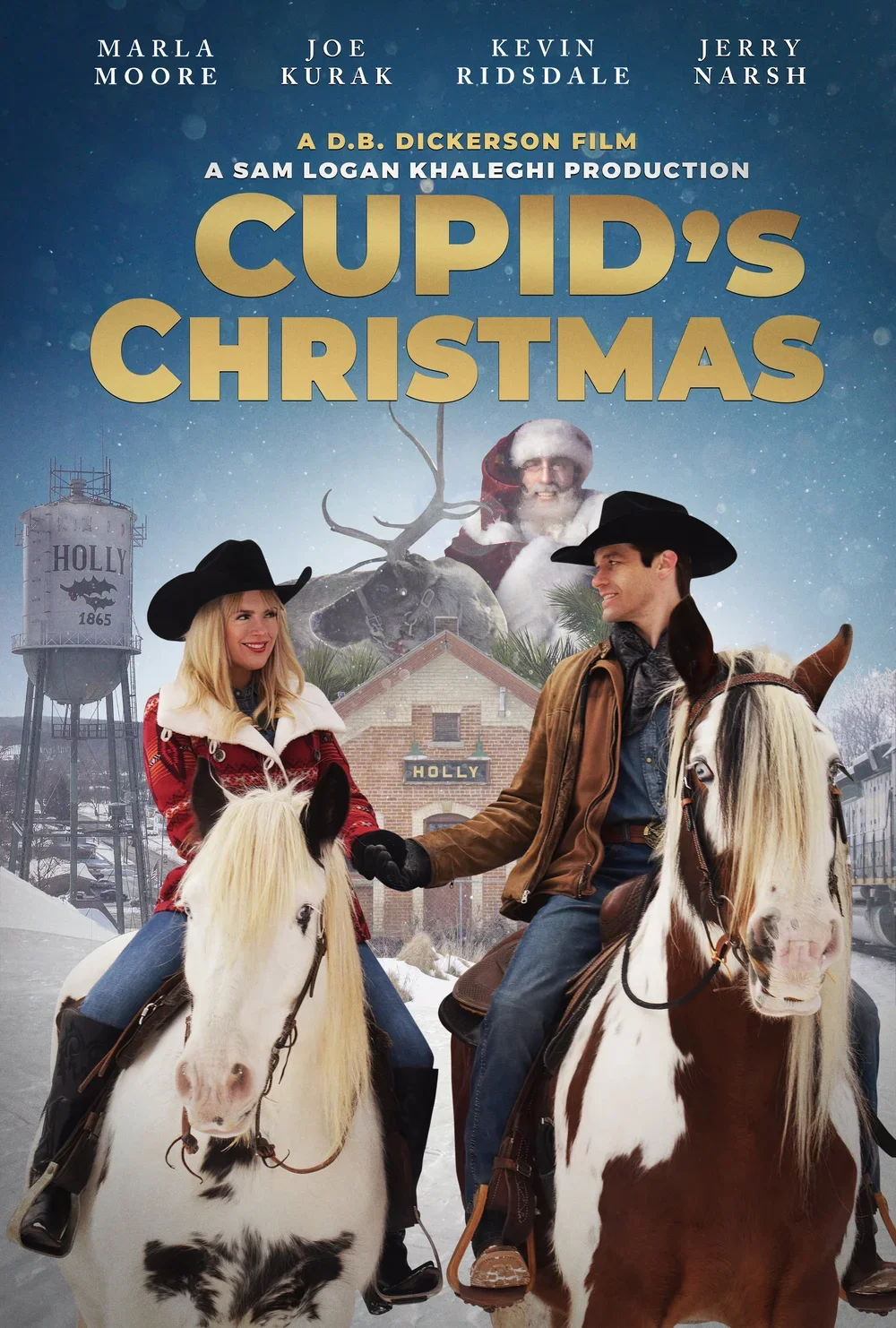 Movie poster for 'Cupid's Christmas' featuring a man and woman riding horses, both wearing cowboy hats, in front of a building labeled 'Holly' with a water tower, snow, and Santa Claus in the background.