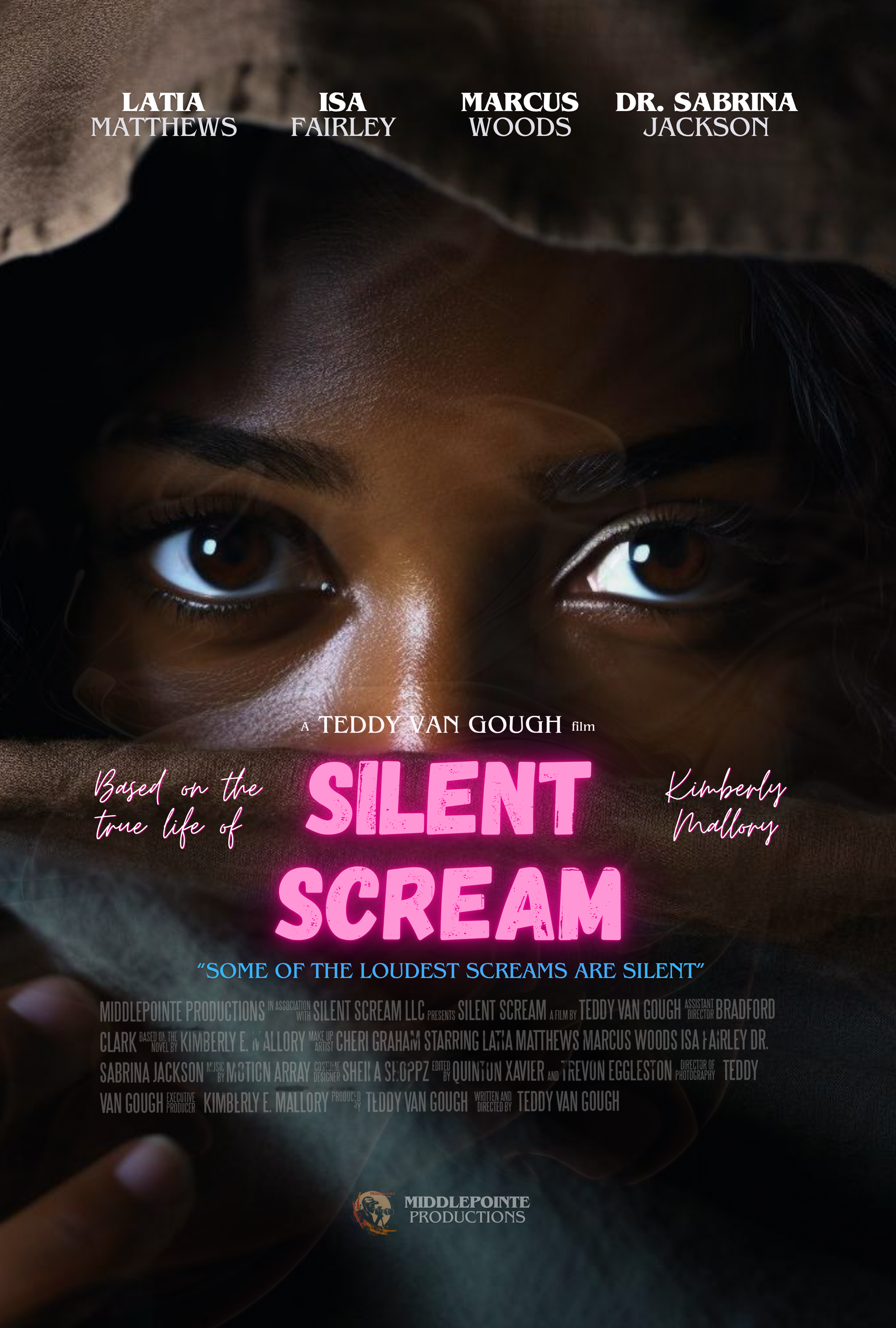 Close-up of a woman's face, focusing on her eyes, with a brown cloth covering the upper part of her face, creating a mysterious look. The image is a promotional poster for the film "Silent Scream."
