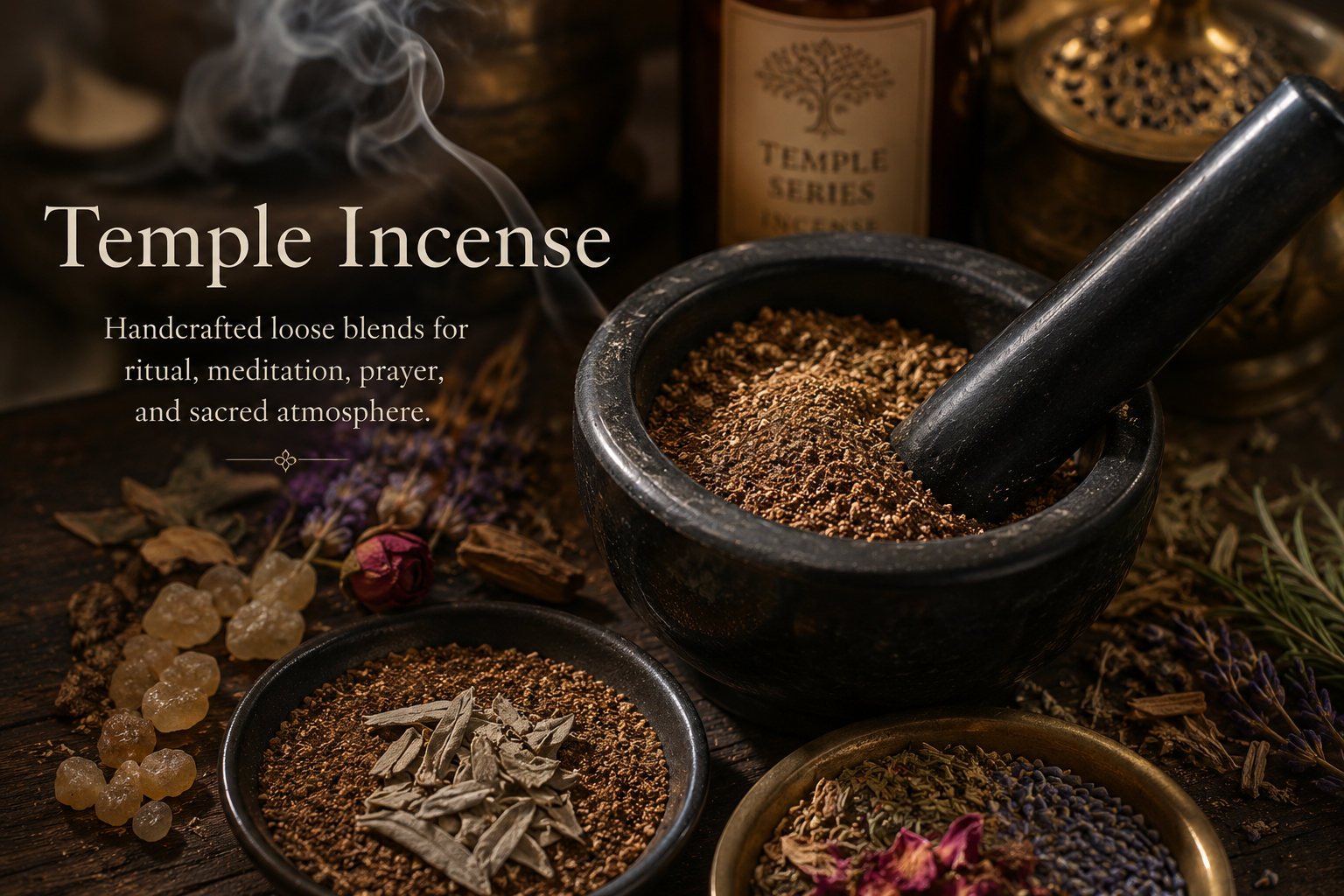 Temple Incense handcrafted loose incense blends by Charles Decáte, with herbs, resins, mortar and pestle, and ritual incense materials.