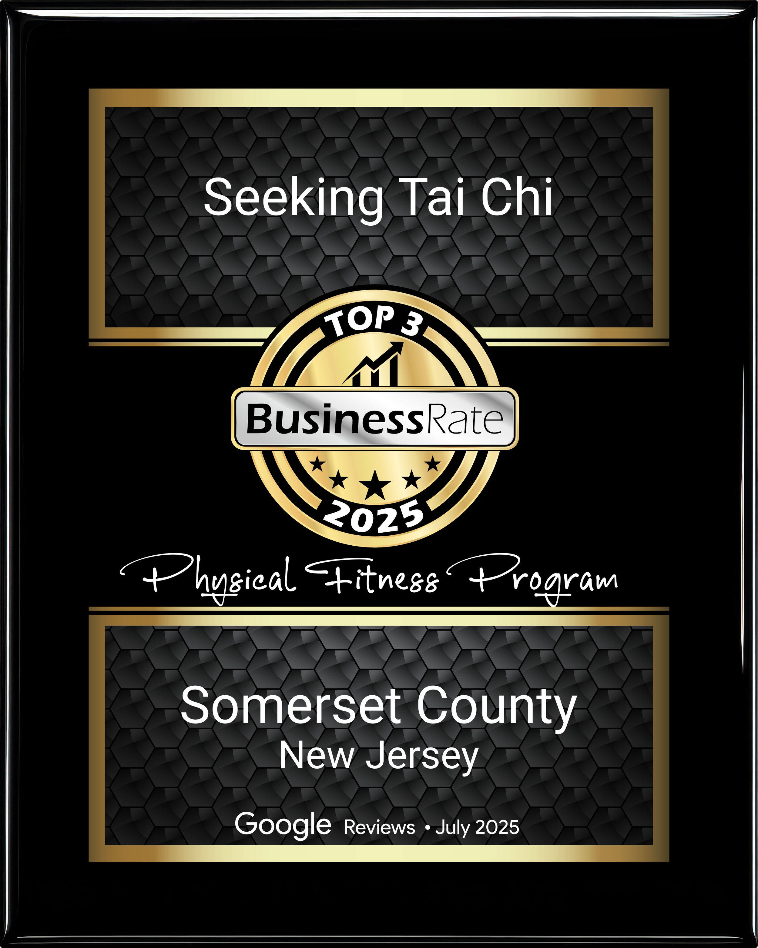 A black and gold label for a physical fitness program called "Seeking Tai Chi," awarded a top 3 business rate in 2025, with reviews from Somerset County, New Jersey, on Google in July 2025.