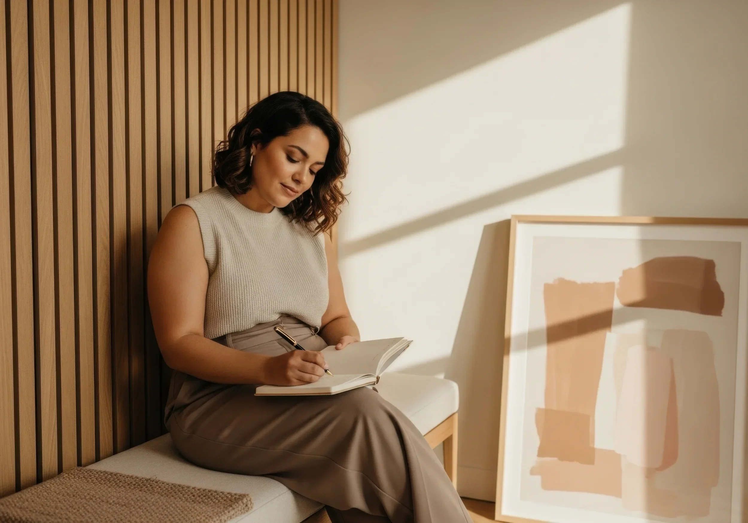 A woman sitting on a cream-colored bench, writing in a notebook. She is wearing a sleeveless beige top and brown pants. The background features a wooden slat wall and a framed abstract painting resting on the floor, with sunlight streaming through a window.
