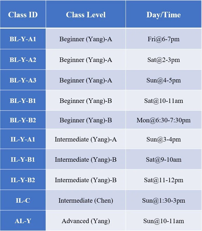 Schedule chart with class IDs, levels, and days/times for different classes, including beginner, intermediate, and advanced levels.