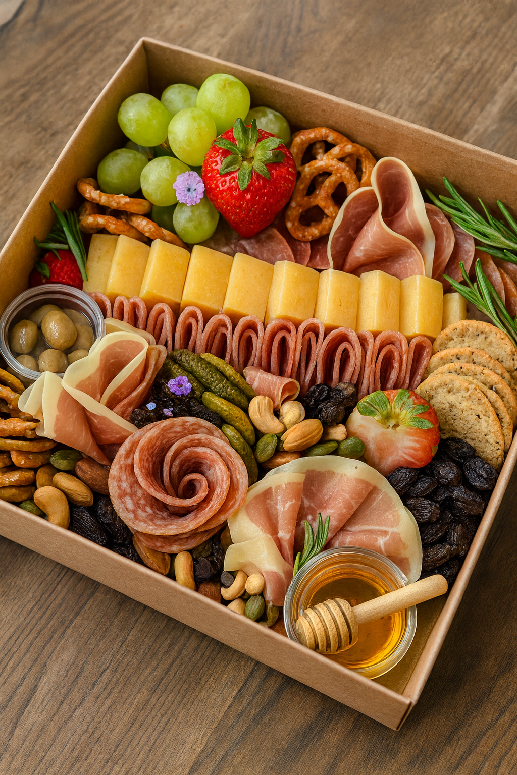 A charcuterie box with grapes, strawberries, cheese, cured meats, crackers, nuts, honey, and garnishes.