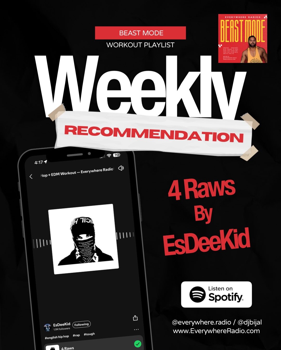 MONDAY = TIME TO LOCK IN 💢
This week&rsquo;s Beast Mode spotlight is &ldquo;4 Raws&rdquo; by @esdeekid &mdash; a no-skips banger with heavy bars and raw energy built to fuel every rep, round, or run.

Curated by @djbijal, Beast Mode blends hip-hop &