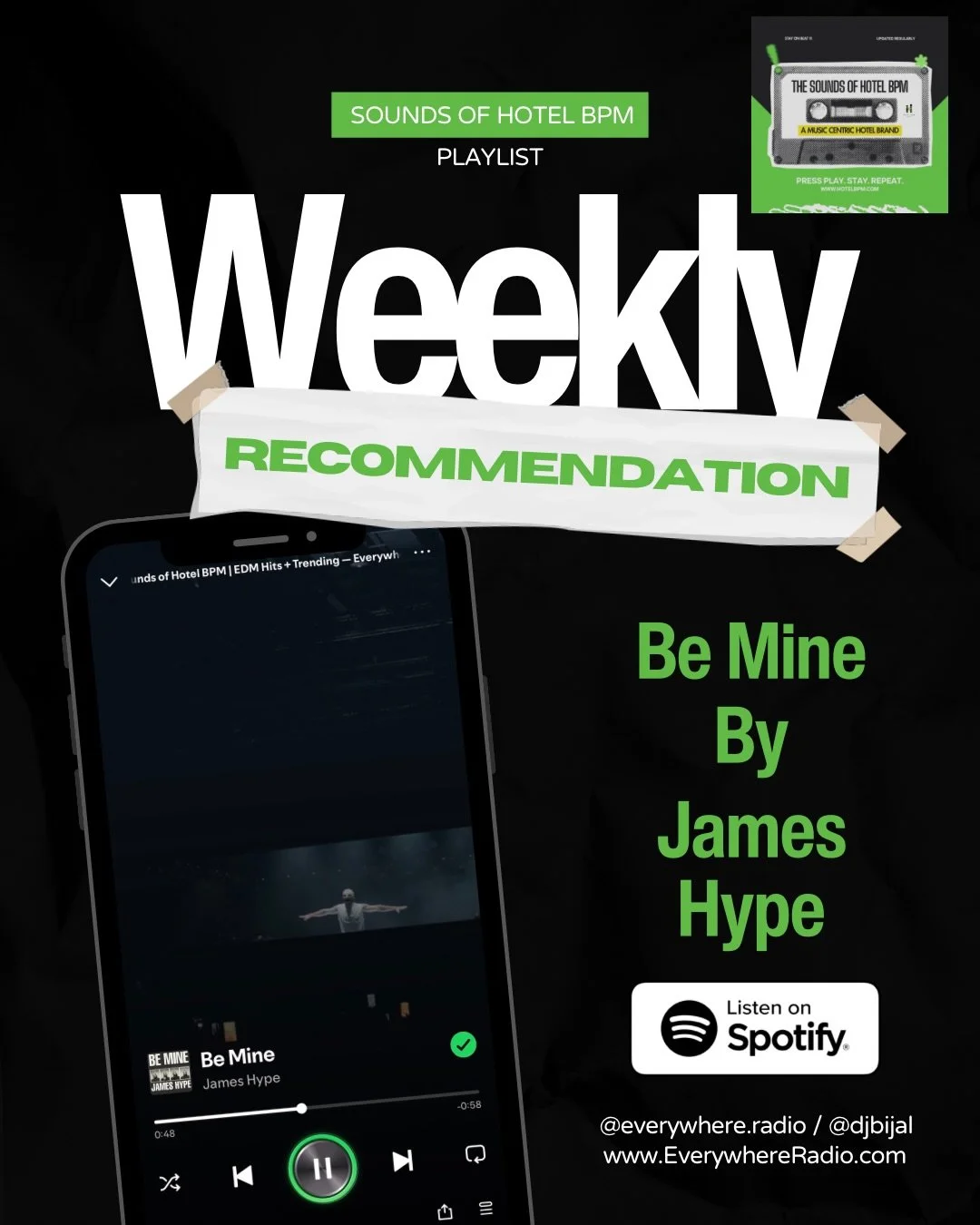 This weeks recommended track is brand new &ldquo;Be Mine&rdquo; from @jameshype . This track featured on our #EDMplaylist #SoundsofHotelBPM .