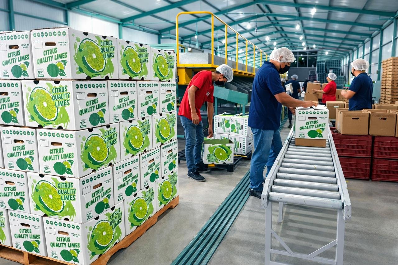 Trabajadores en una planta de empaquetado de limones en una fábrica moderna, colocando cajas de limones con etiquetas que dicen 'Citrus Quality Limes' en una línea de producción.