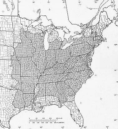 Black and white map of the United States showing the native range of bitternut hickories.