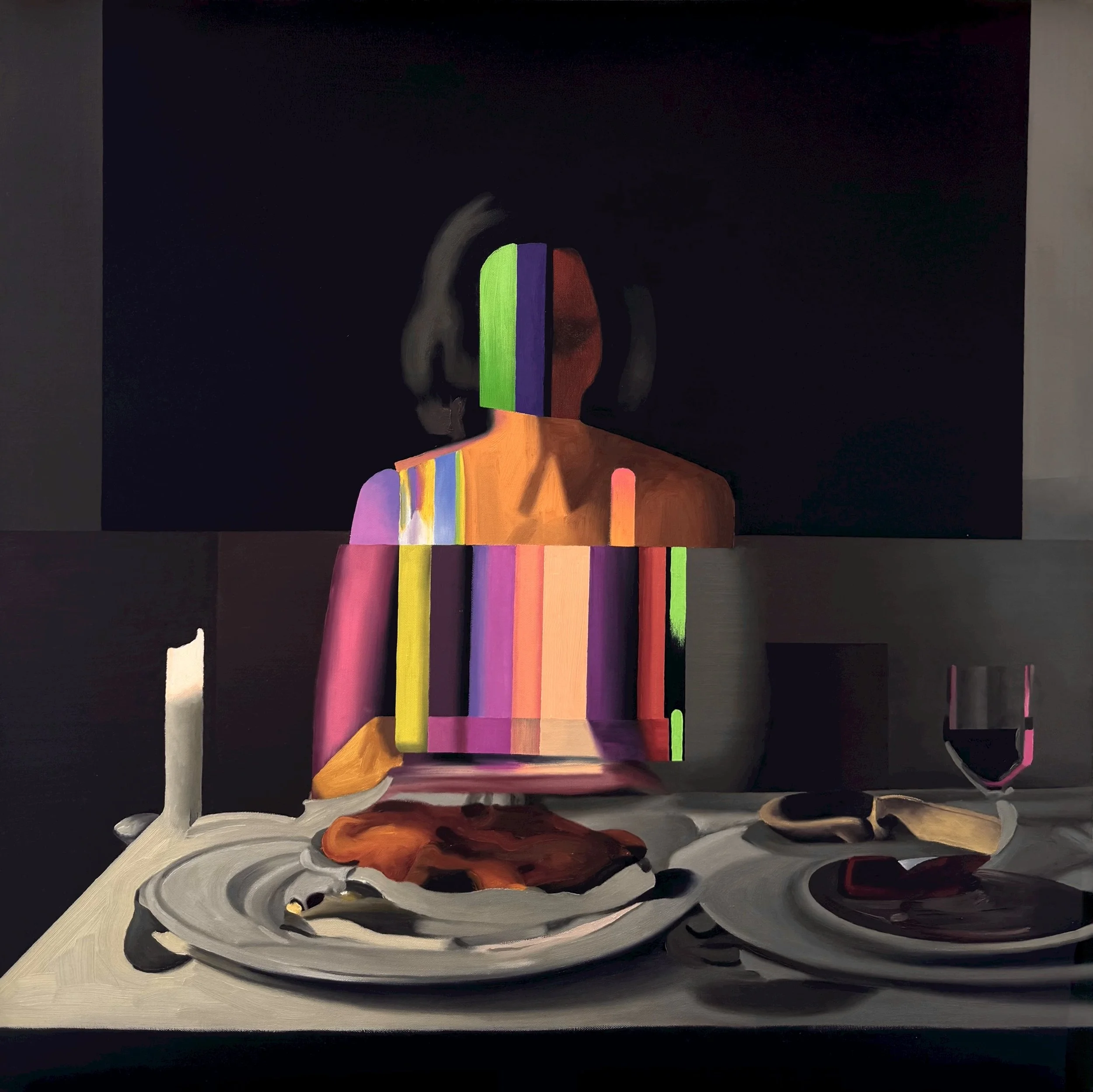 An abstract painting of a seated human figure with a face divided into vertical color blocks, with a black background, and a table with plates of food and a glass of wine in the foreground.