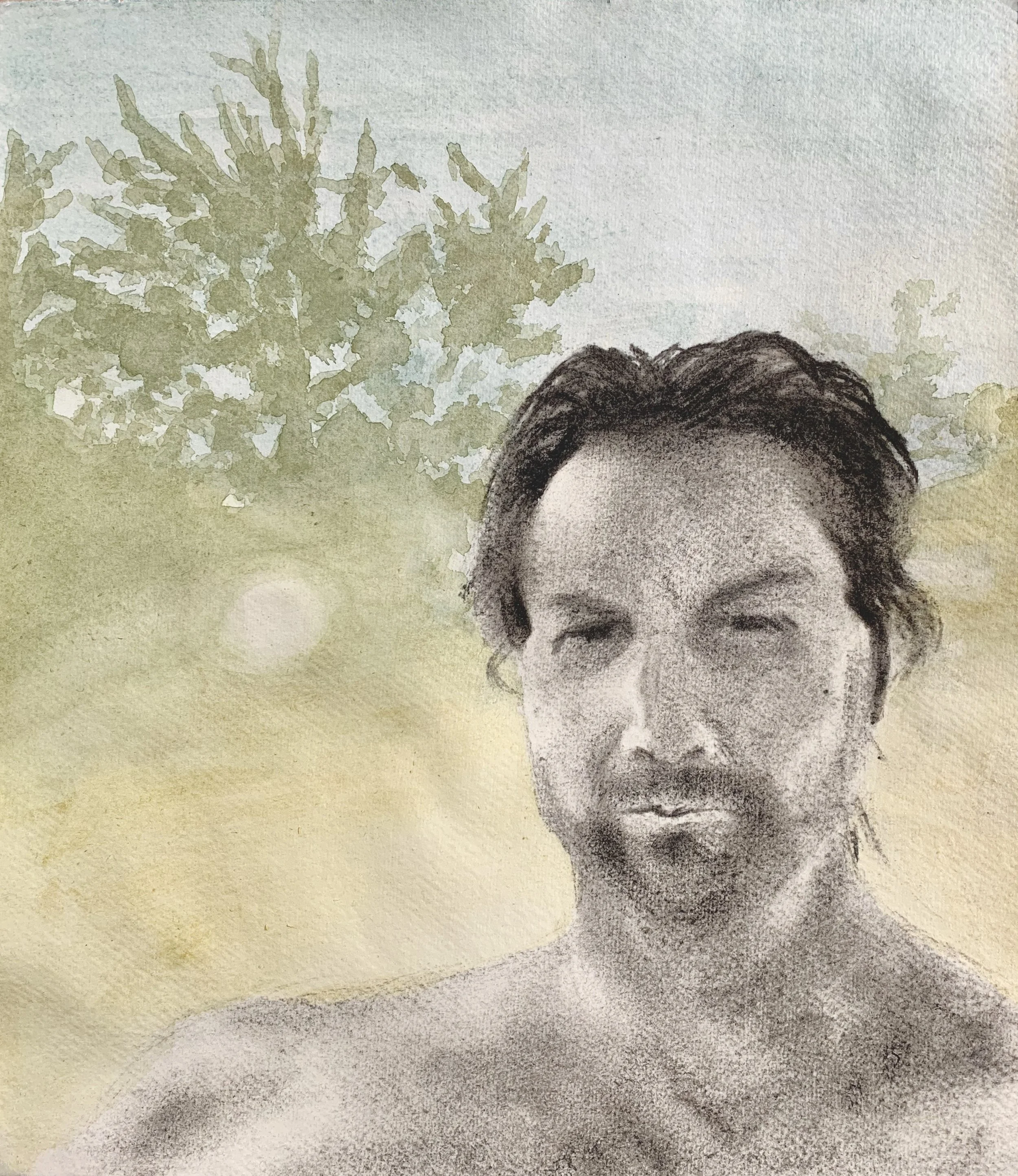 A person with dark hair and facial hair outdoors, with trees and blue sky in the background, depicted in a watercolor style.