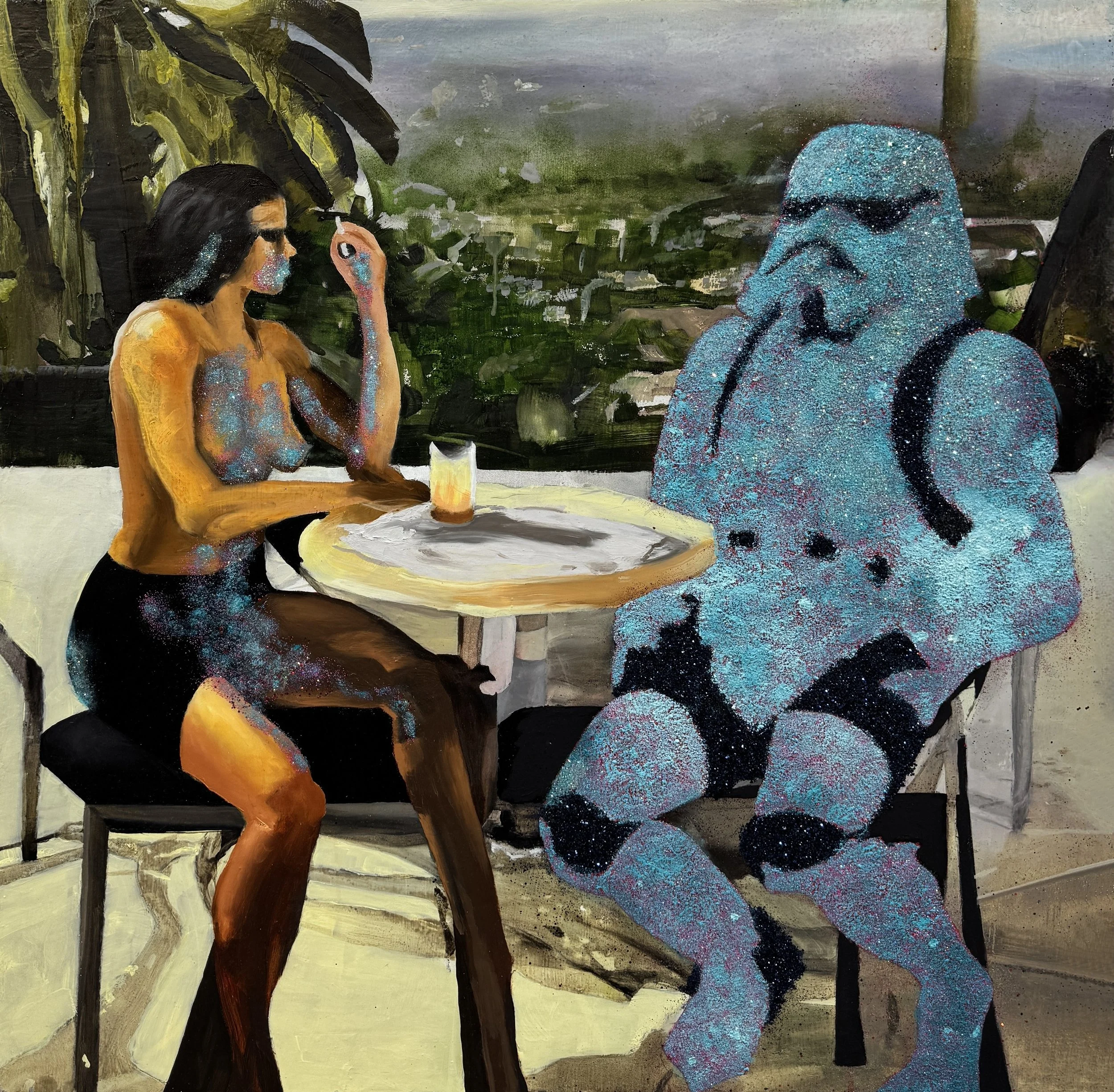 Lunch in Grasse 2126 - oil and glitter on wood panel, 32'X32"