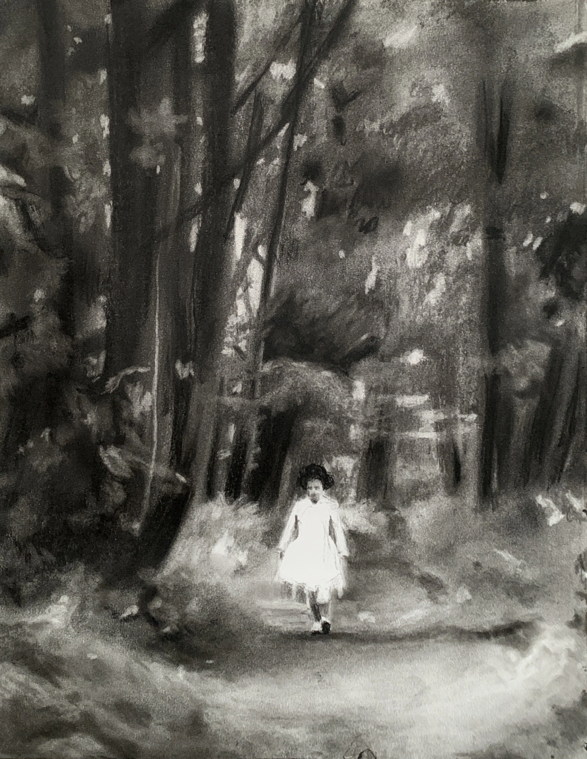 A black-and-white painting of a young girl walking along a forest path surrounded by tall trees.