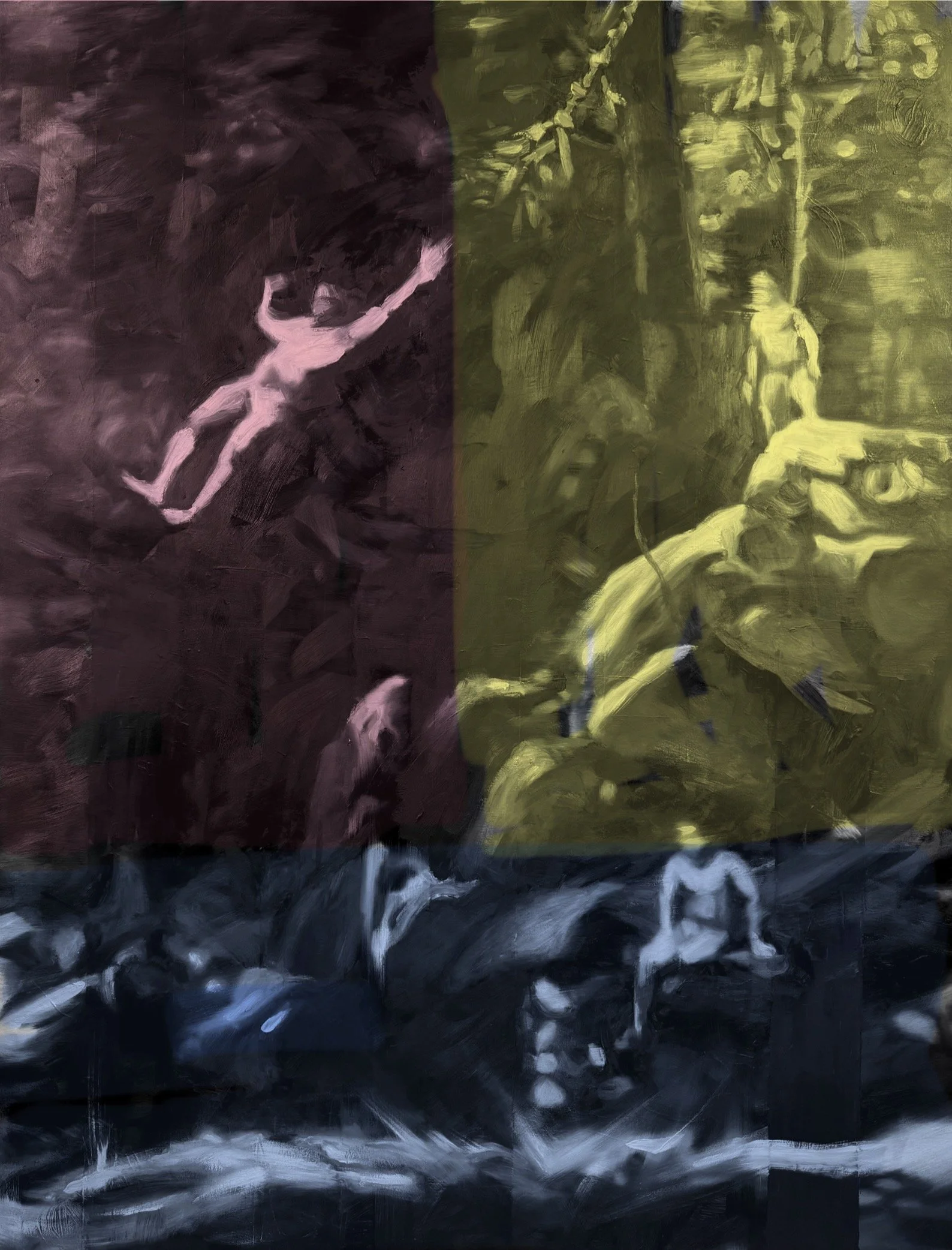 An abstract painting divided into three vertical sections depicting figures in different scenes. The left section shows a person falling or diving, painted in pinkish tones. The middle section features a figure sitting or resting near a tree, in yellowish tones. The bottom section displays a figure sitting or leaning on the ground, in darker shades.