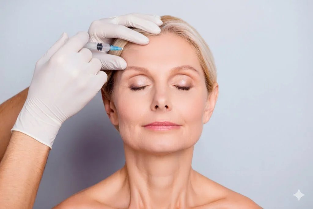 Paciente idosa recebendo aplicação de injectable na testa por profissional de saúde usando luvas brancas