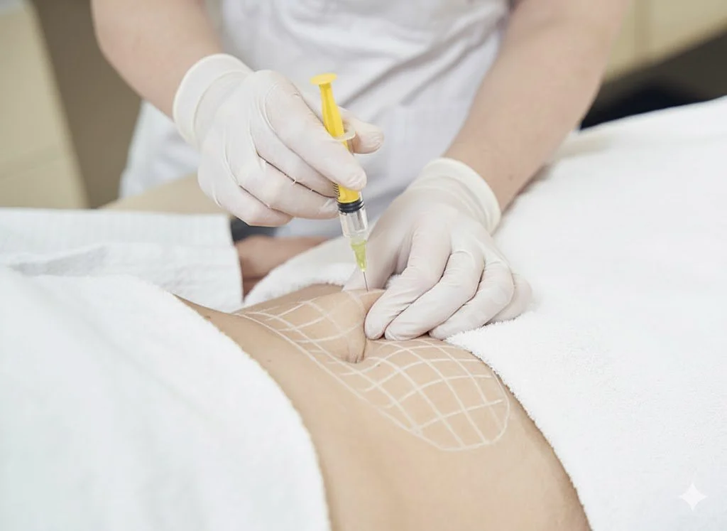 Profissional de saúde aplicando uma injeção na perna de um paciente, com marcações de preparo visíveis na pele.