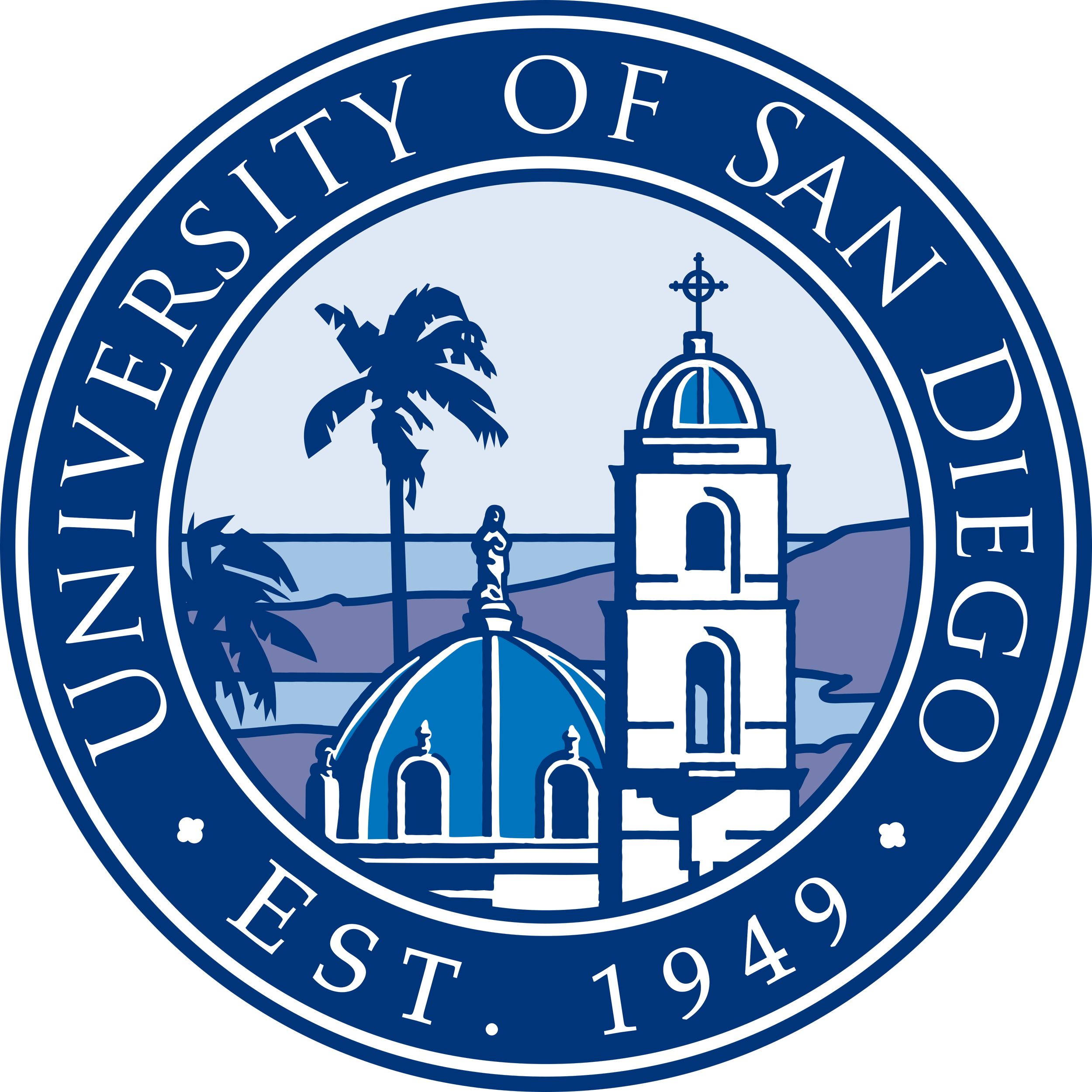 Seal of the University of California, Riverside, featuring a palm tree, a bell tower, and the university's name and founding year 1954.