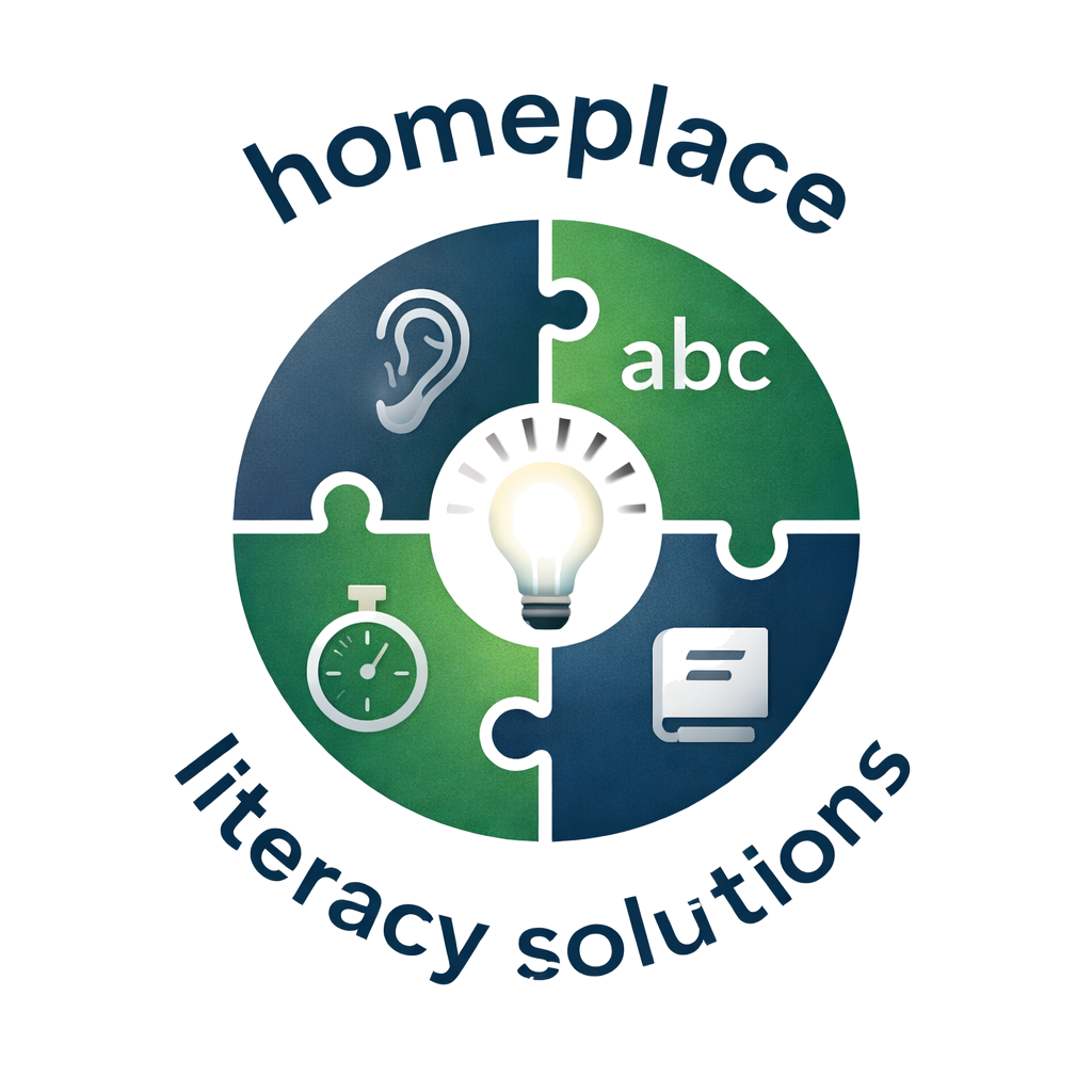 A circular infographic divided into four puzzle pieces with icons of an ear, abc letters, a stopwatch, and a folder, with text 'homeplace' above and 'literacy solutions' below, centered around a light bulb.