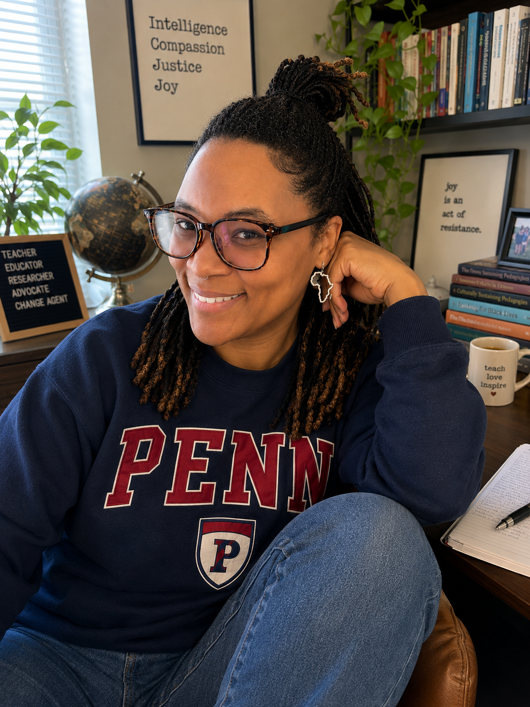 A woman with glasses and dreadlocks smiling and sitting in an office, wearing a navy blue Penn sweatshirt. Behind her are bookshelves with books and framed quotes, a globe, plants, and a mug.