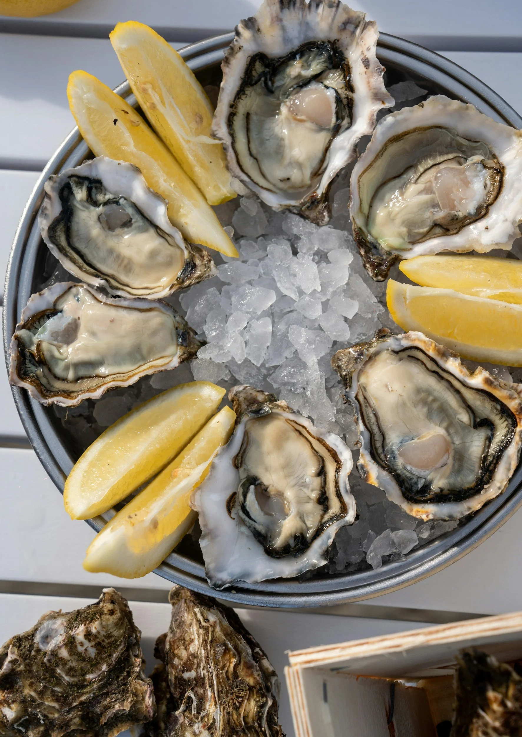 A metal bowl filled with ice and fresh oysters on the half shell, garnished with lemon wedges.