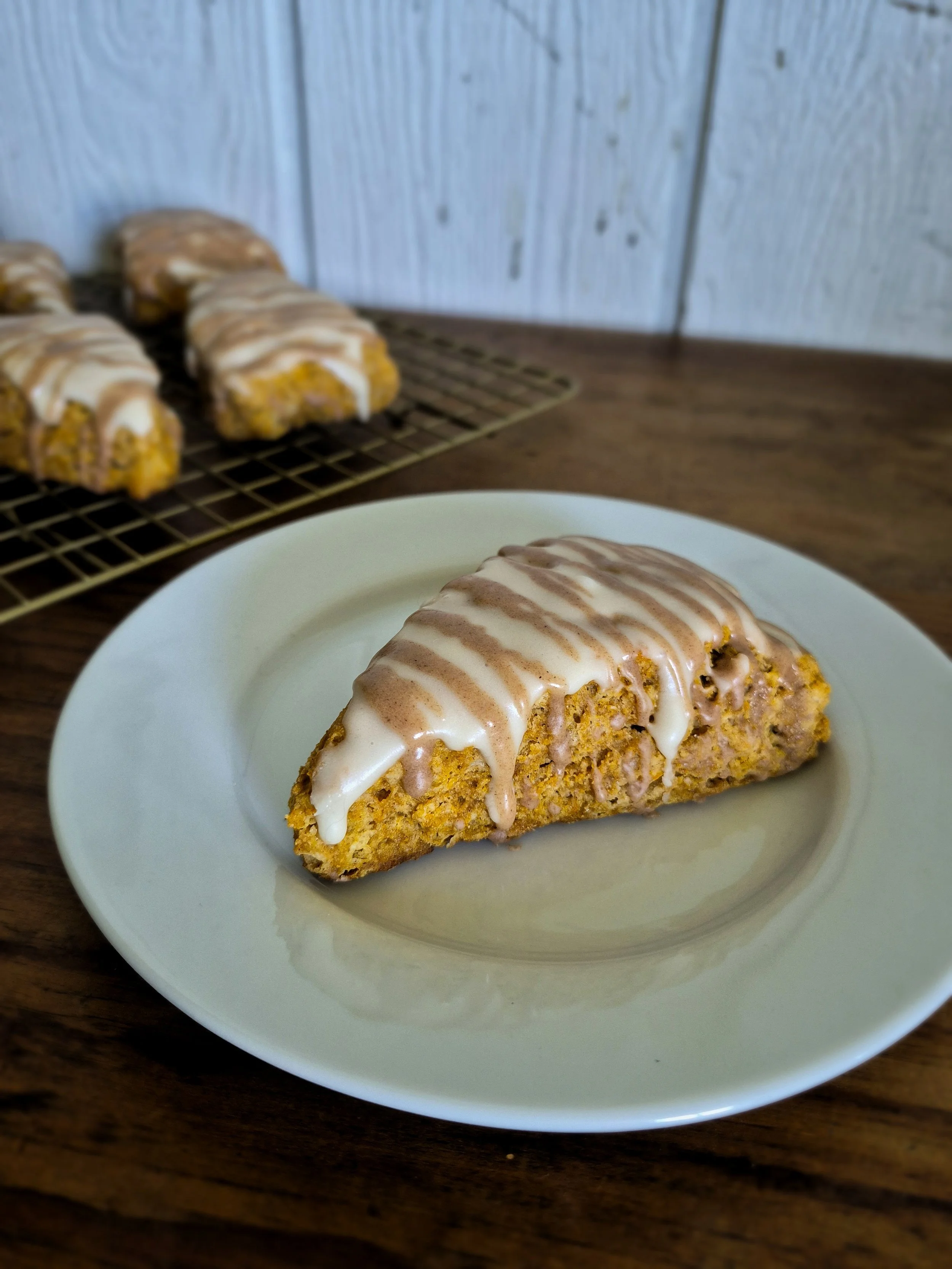 Gluten-free pumpkin spice scones with cinnamon vanilla glaze from Marigolds & Grace Kitchen in Central Saanich, BC.