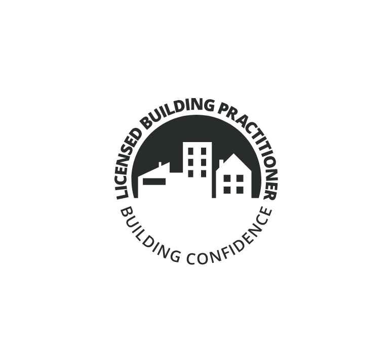 Logo with a city skyline above the text 'Licensed Building Practitioner' and 'Building Confidence' in a circular layout.