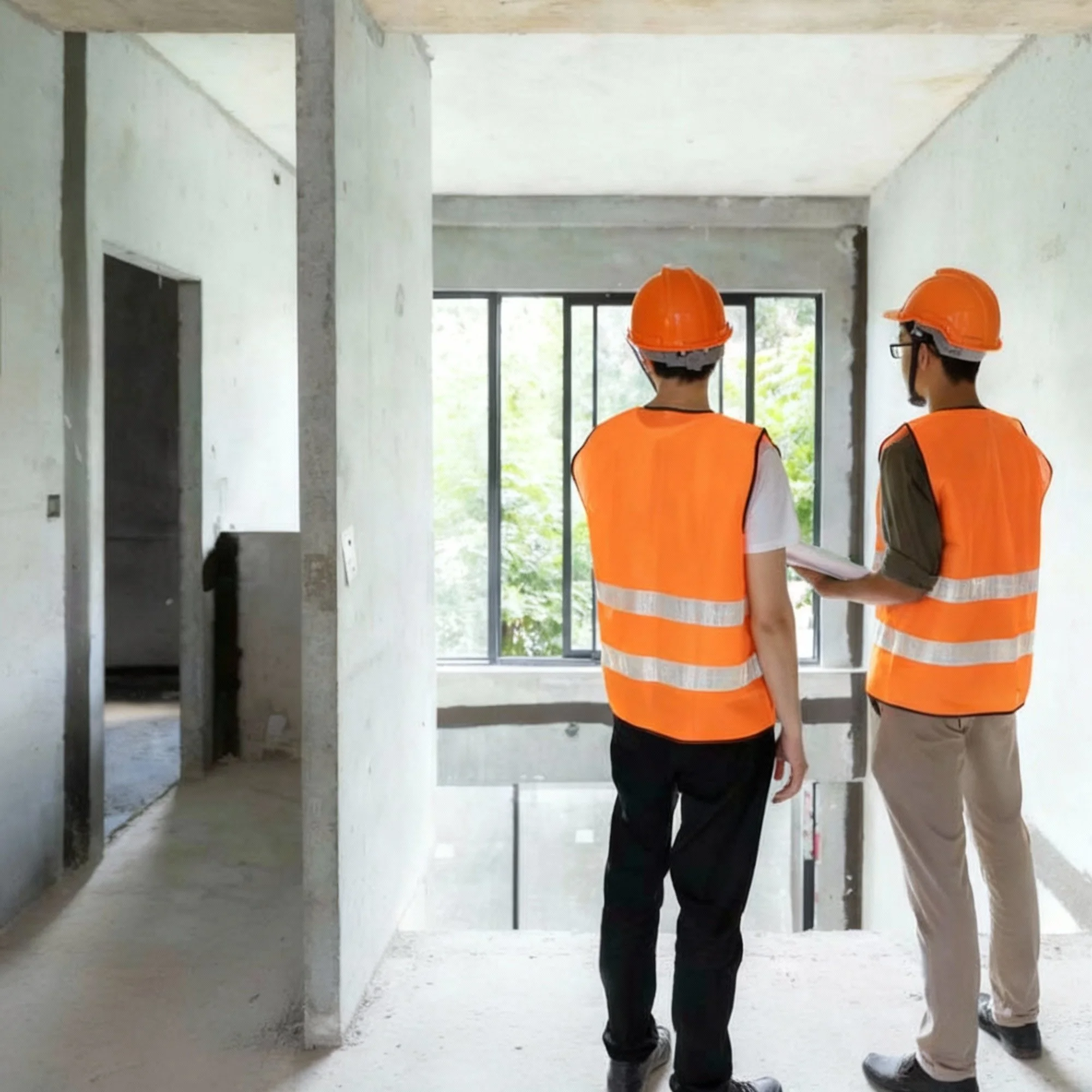 Two construction workers wearing orange safety vests and helmets inside a building under construction, looking out at a large window.