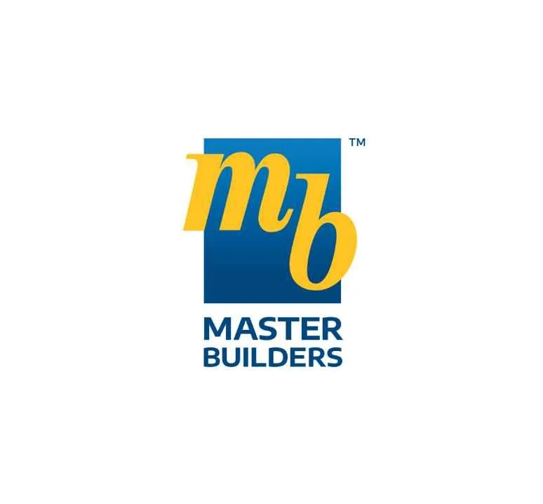 Logo for Master Builders featuring a blue rectangle with stylized yellow 'M' and 'B' lettering above the text 'MASTER BUILDERS' in blue.