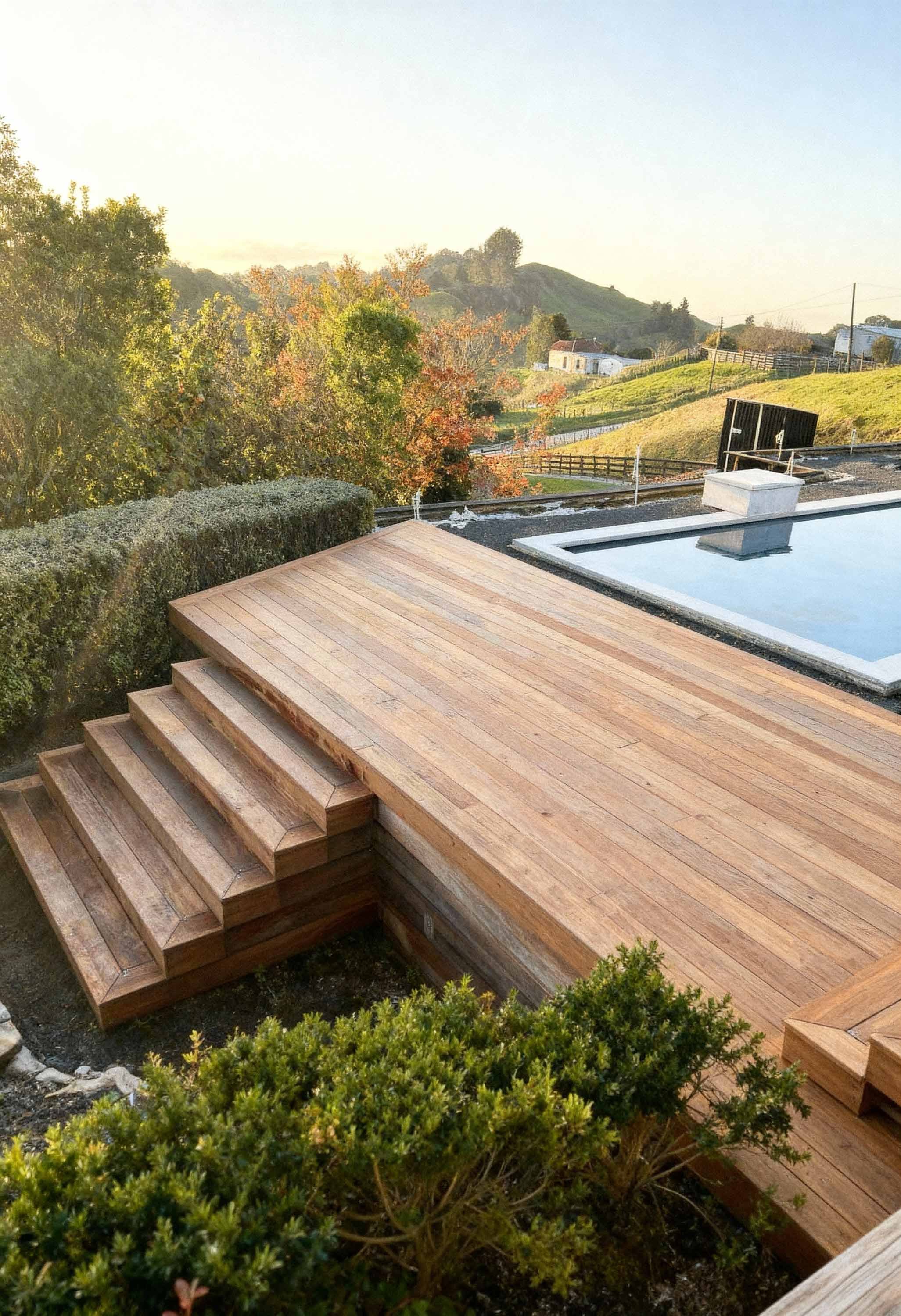 Wooden deck steps leading to a small pool, with green shrubbery and trees in the background, hillside and houses in a rural landscape under clear sky