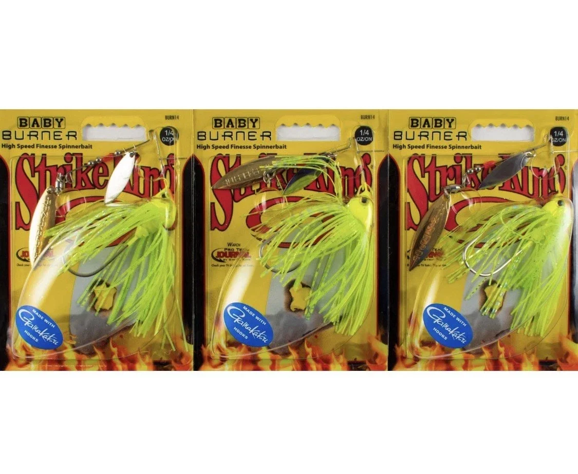 LOT OF 3 STRIKE KING BABY BURNER SPINNERBAIT 1/4OZ BURN14-201SG Super Chartreuse