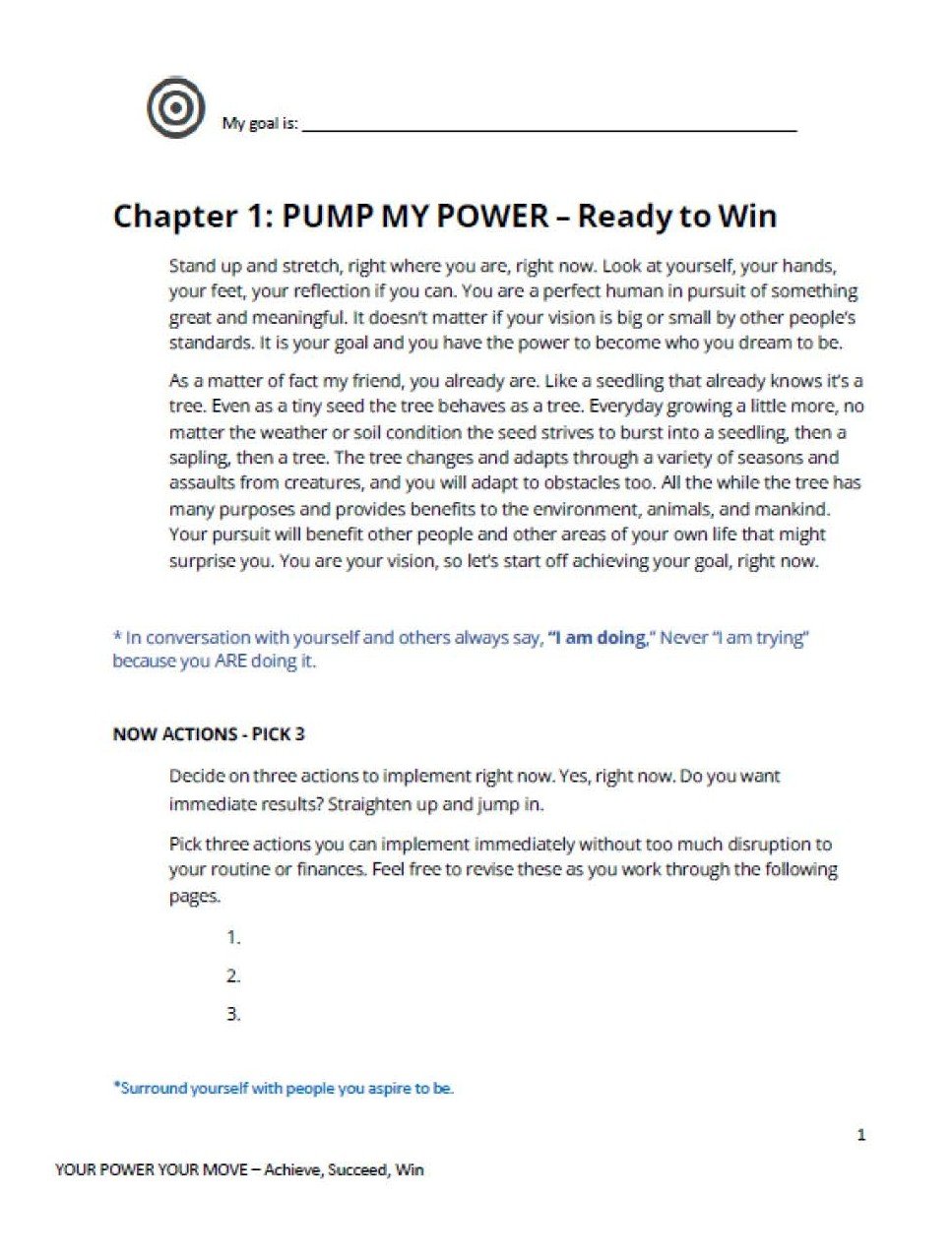 Motivational self-help worksheet titled "Chapter 1: PUMP MY POWER - Ready to Win" with an exercise on actions to implement immediately, including space to list three actions, and tips to stay positive.