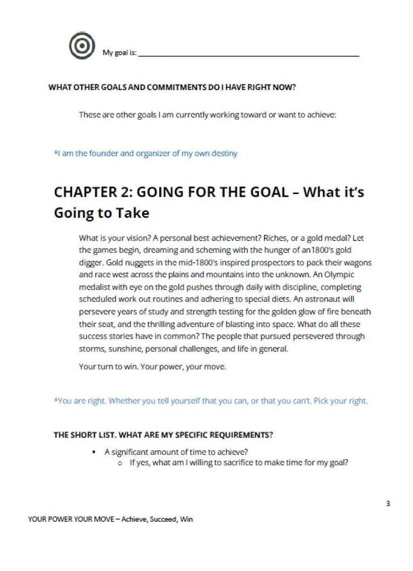 Page from a goal-setting workbook or planner containing sections on personal goals, vision, and specific requirements for achieving goals, including motivational quotes and a target icon.