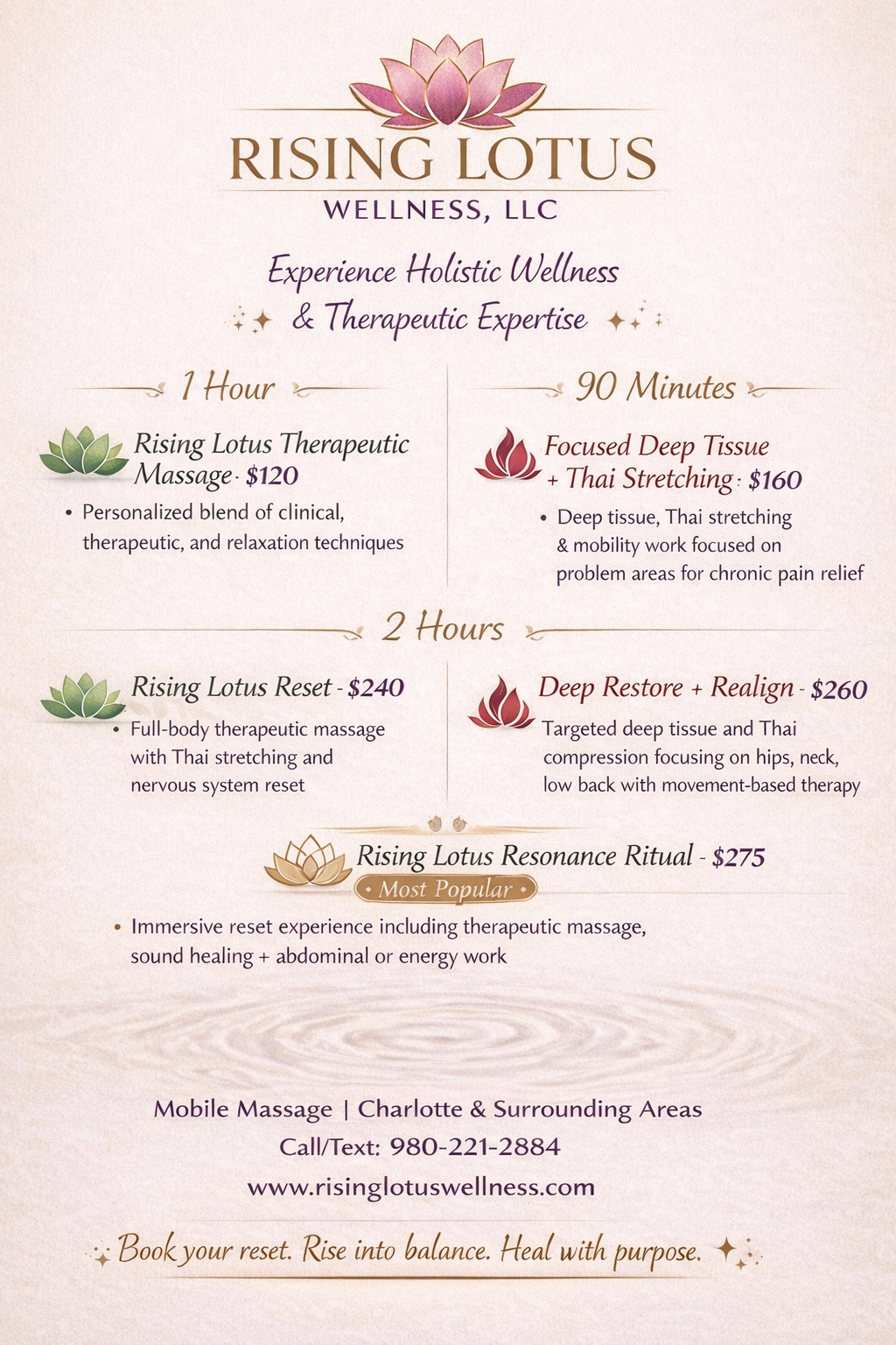 A wellness spa menu featuring various massage and therapy options, with prices, descriptions, and durations, decorated with lotus flower graphics.